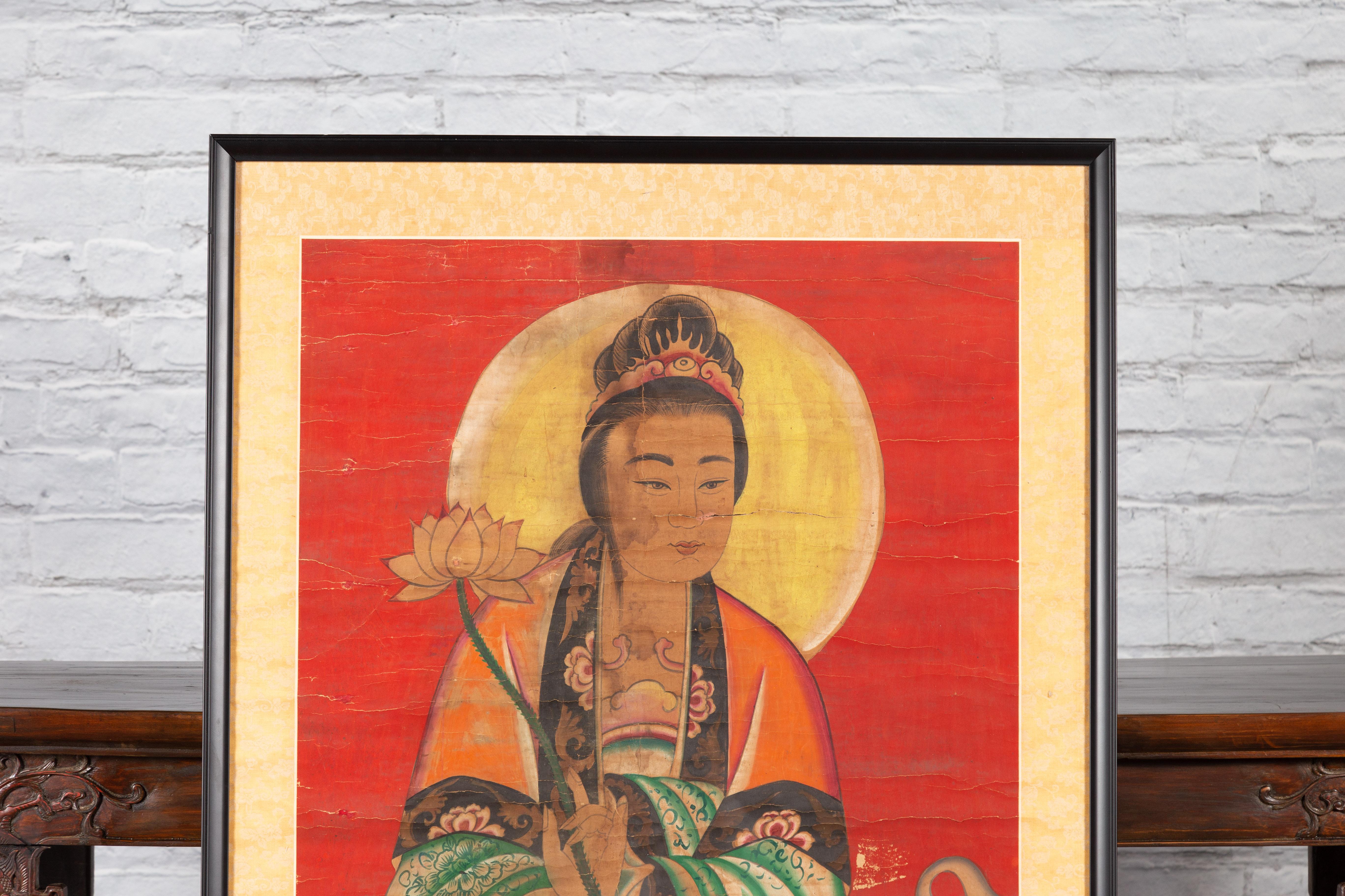 Fabric 19th Century Indian Print with Guanyin the Bodhisattva of Compassion on Elephant For Sale