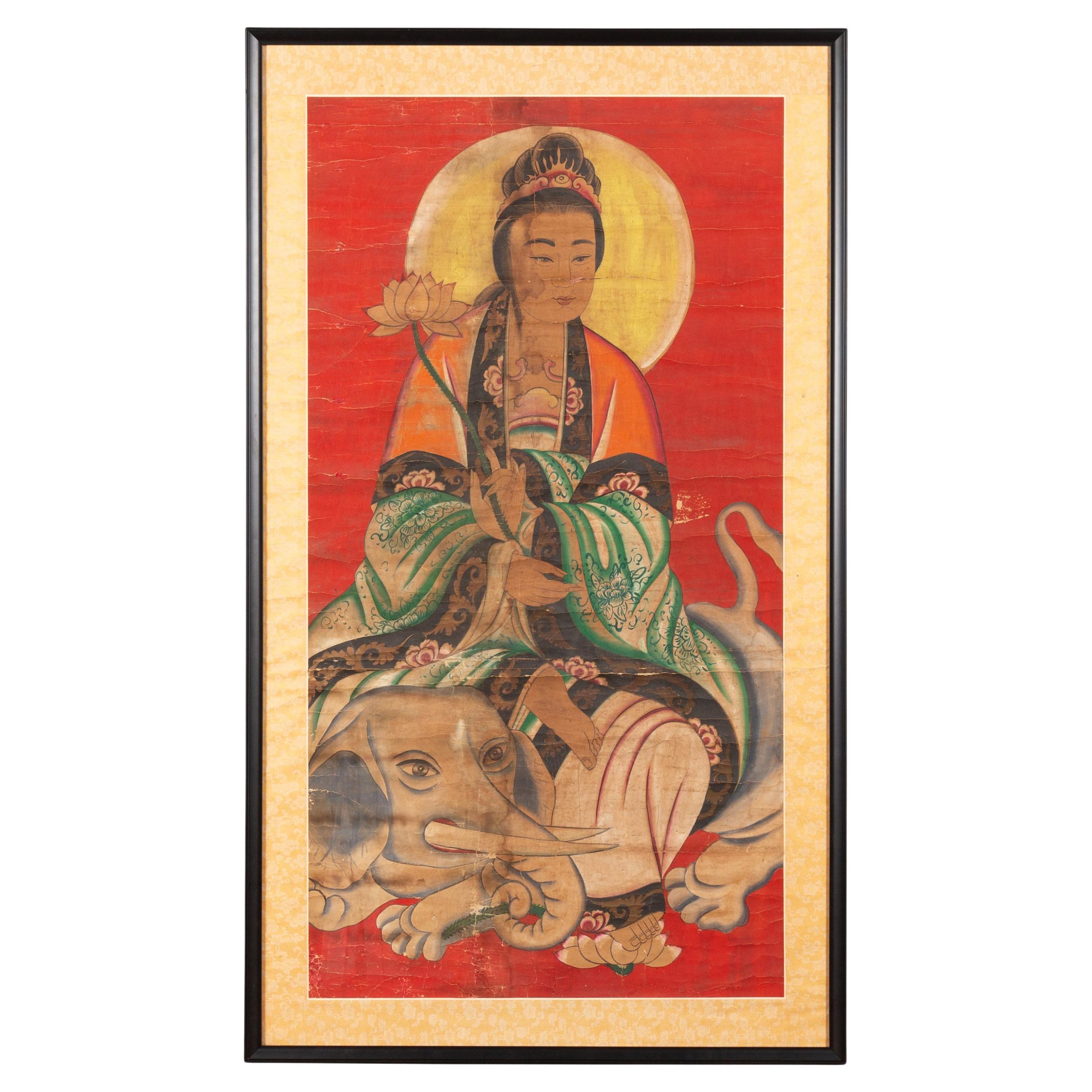 19th Century Indian Print with Guanyin the Bodhisattva of Compassion on Elephant For Sale