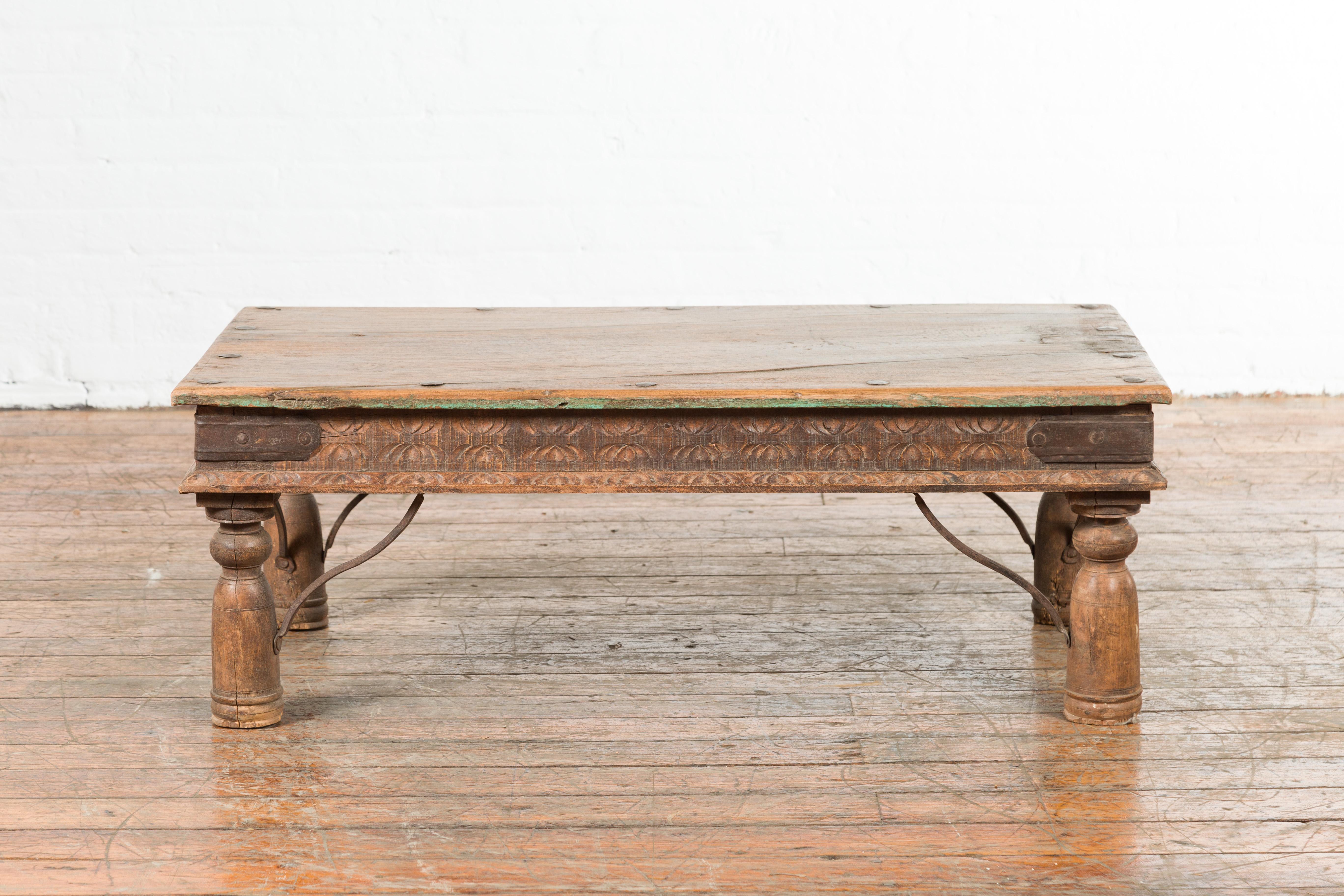 19th Century Indian Rustic Coffee Table with Iron Accents and Carved Apron 5