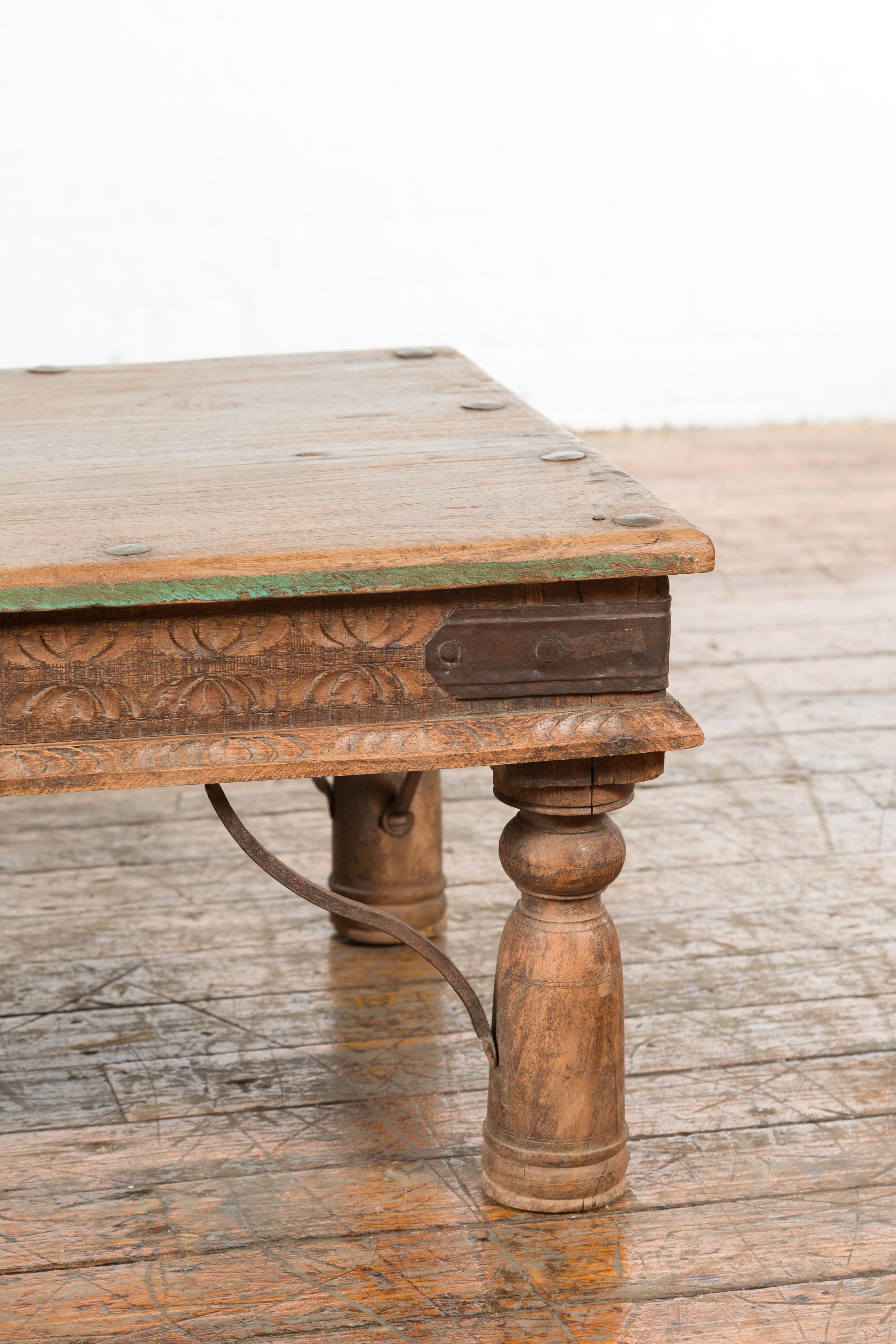 19th Century Indian Rustic Coffee Table with Iron Accents and Carved Apron In Good Condition In Yonkers, NY