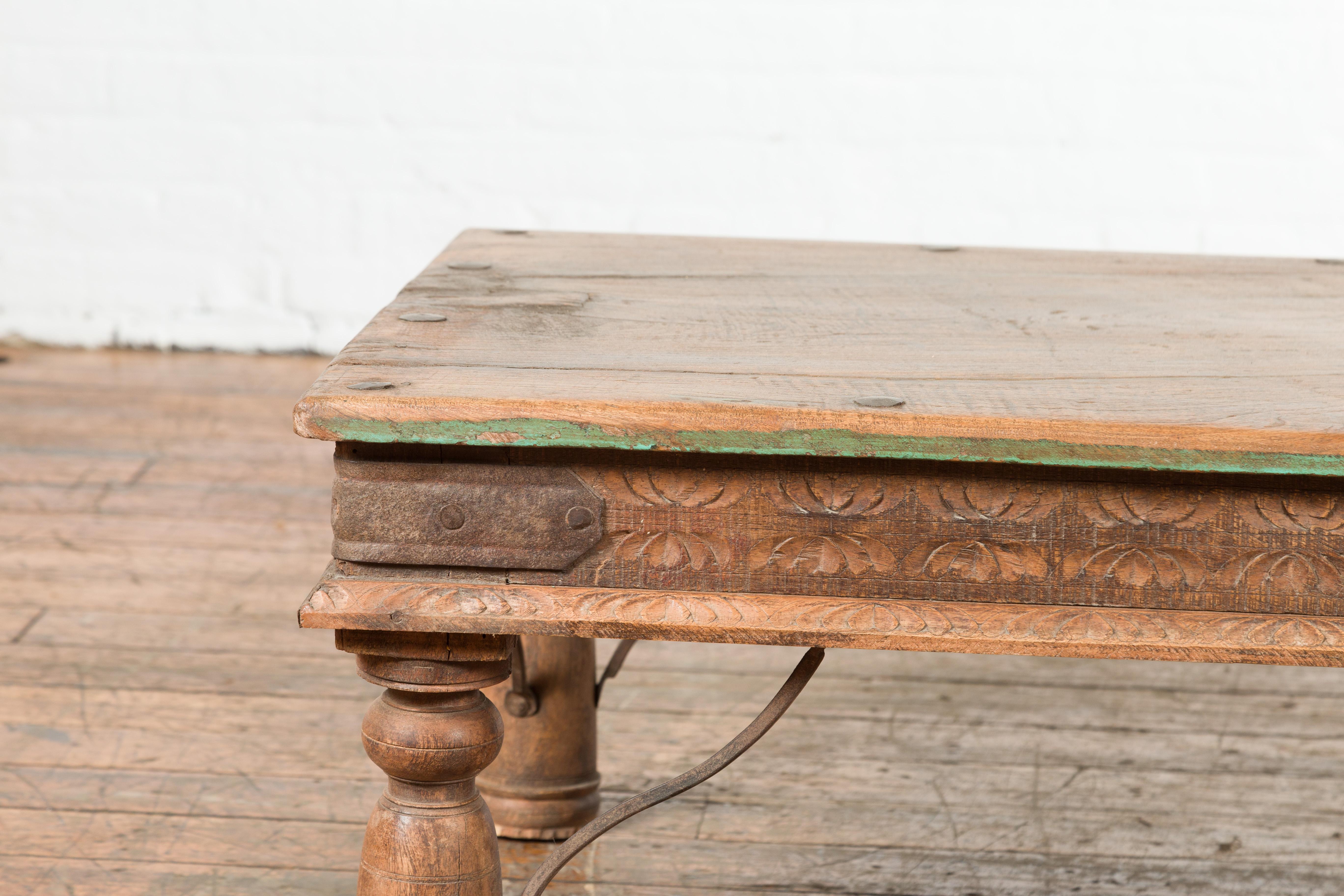 Wood 19th Century Indian Rustic Coffee Table with Iron Accents and Carved Apron