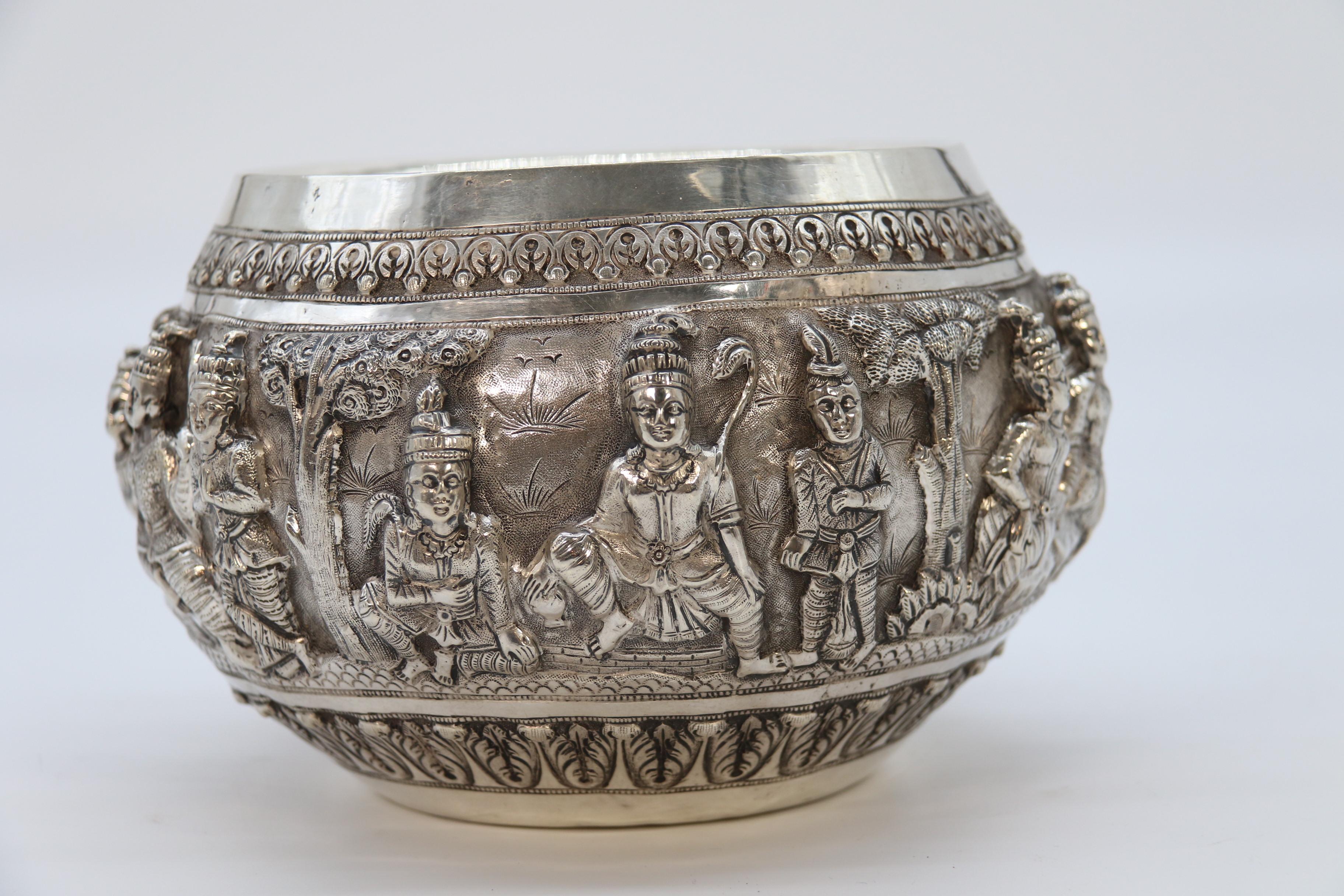 19th Century 19th century Indian silver Raj period deep relief repousse work bowl circa 1870 For Sale