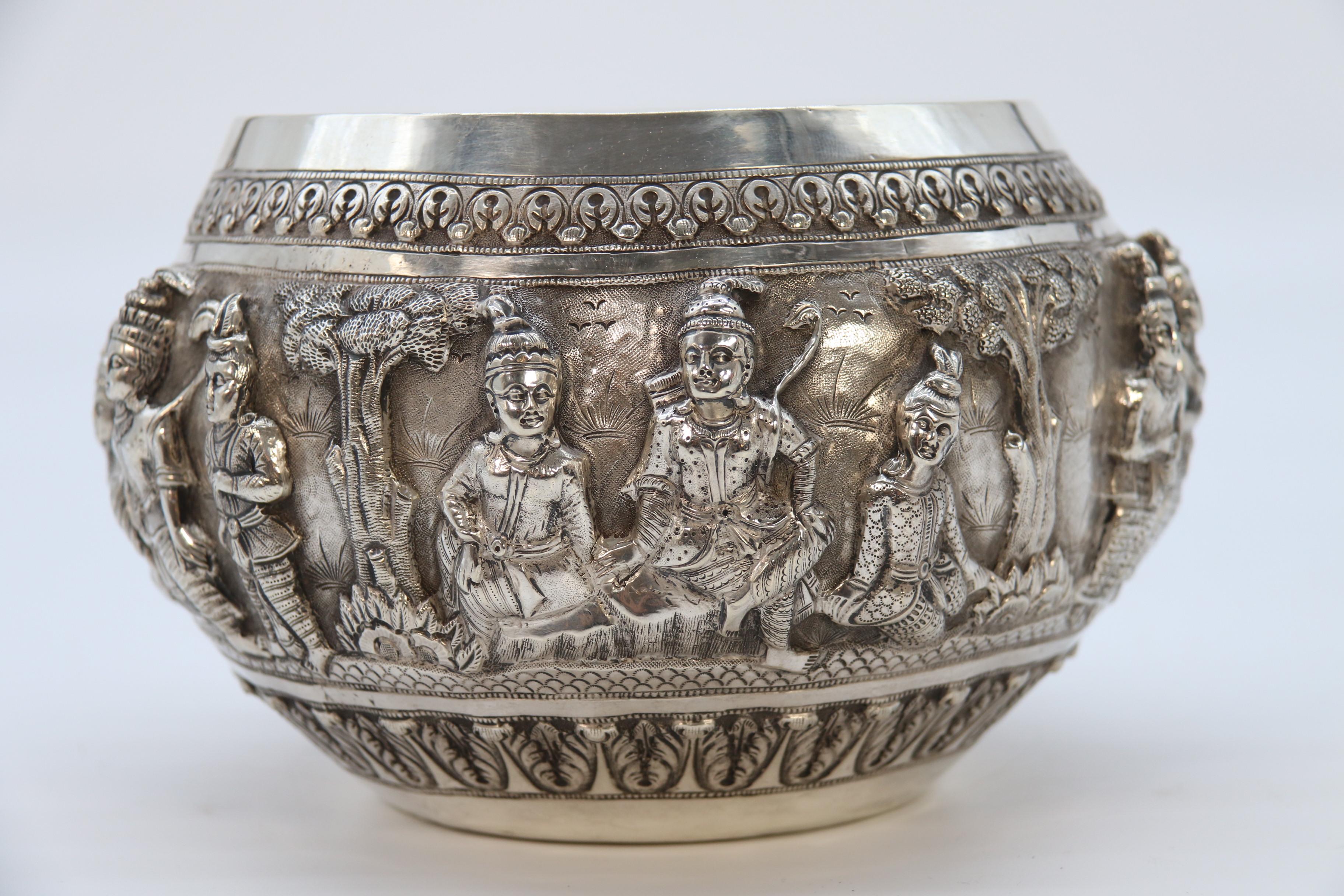 Silver 19th century Indian silver Raj period deep relief repousse work bowl circa 1870 For Sale