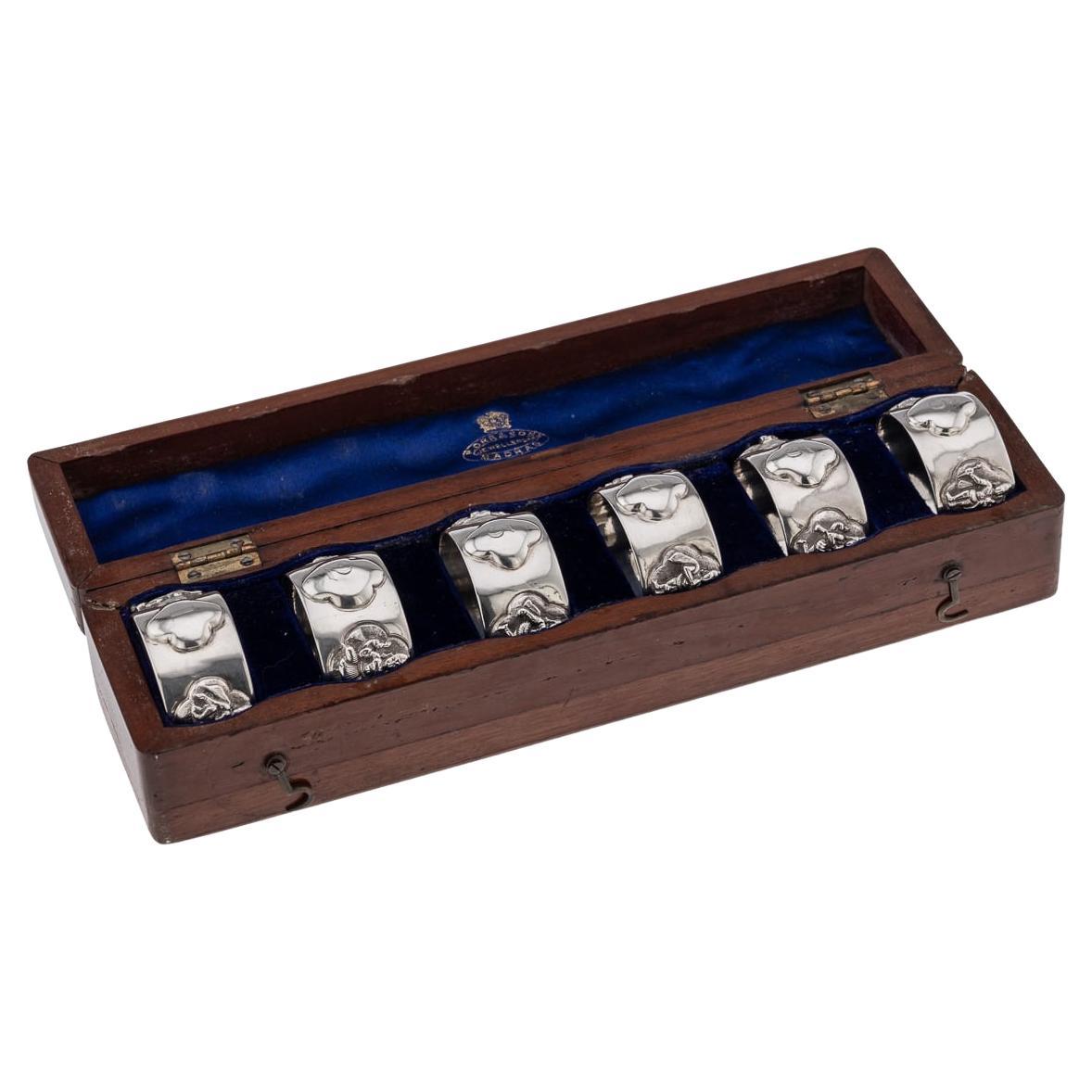 19th Century Indian Solid Silver Cased Set Of Six Napkin Rings, P Orr & Sons