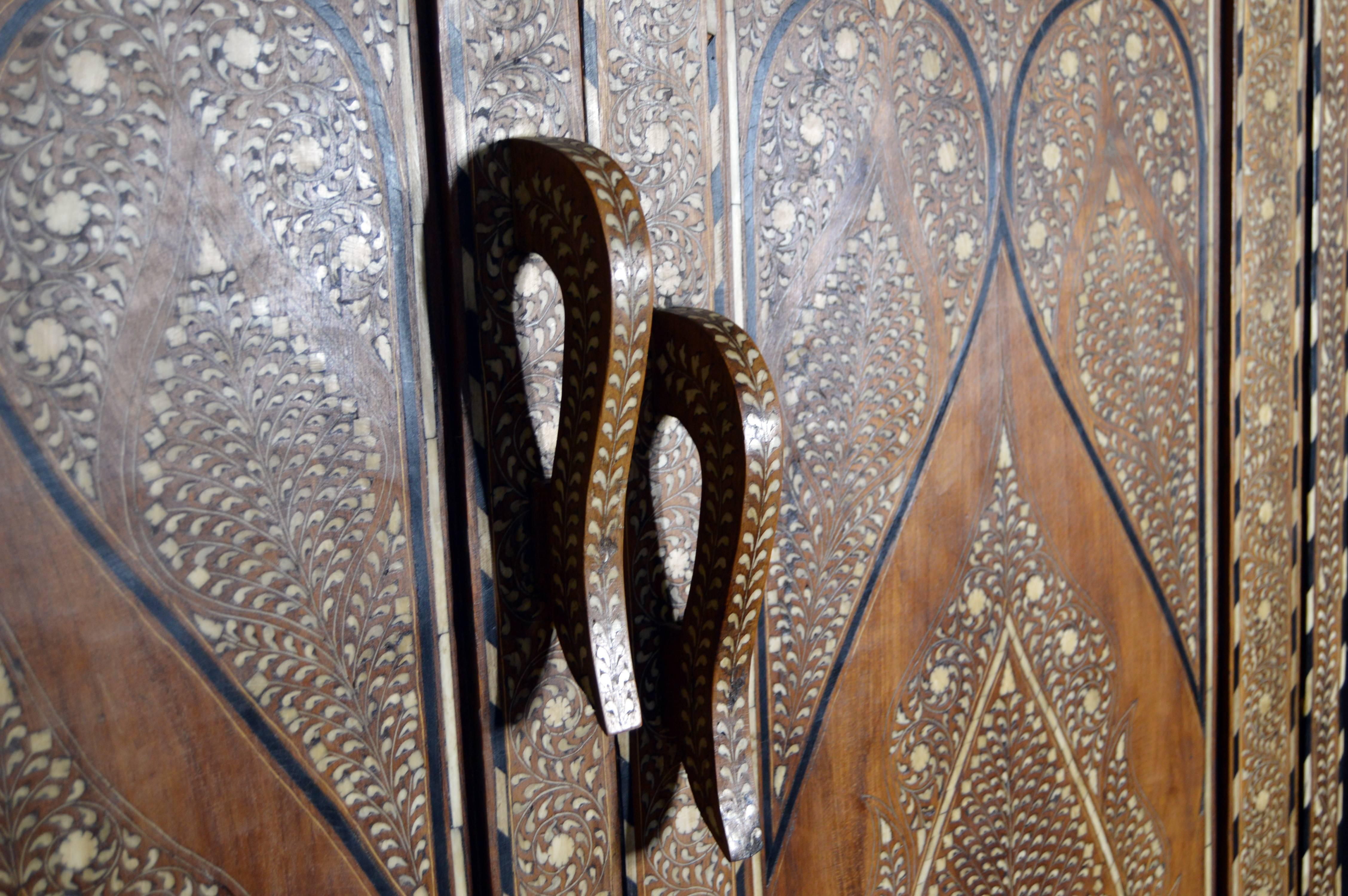 British Indian Ocean Territory 19th Century Indian Wood Armoire with Ebony, Bone Inlay and Geometric Motifs