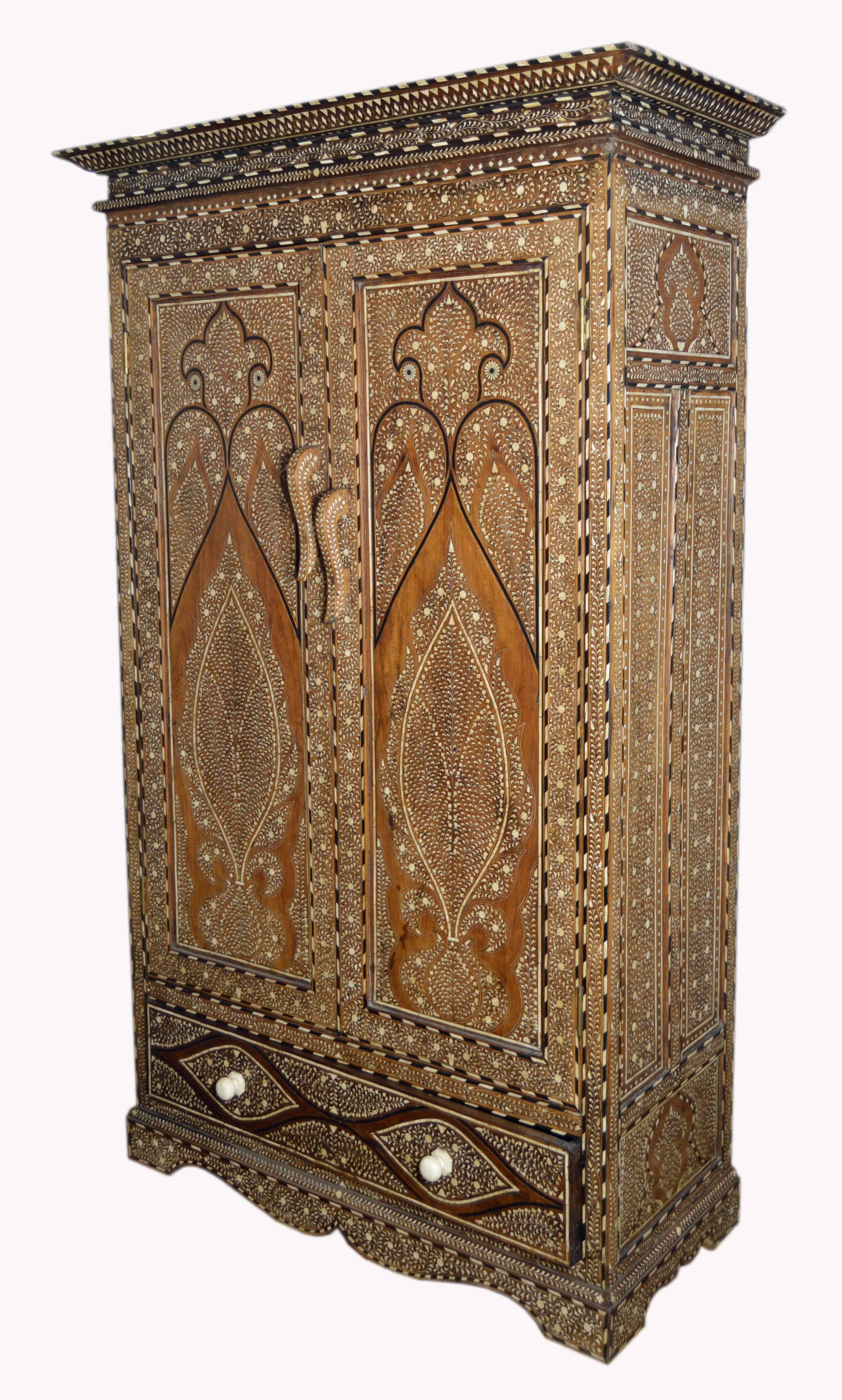 19th Century Indian Wood Armoire with Ebony, Bone Inlay and Geometric Motifs 3