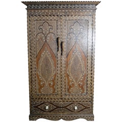 Antique 19th Century Indian Wood Armoire with Ebony, Bone Inlay and Geometric Motifs