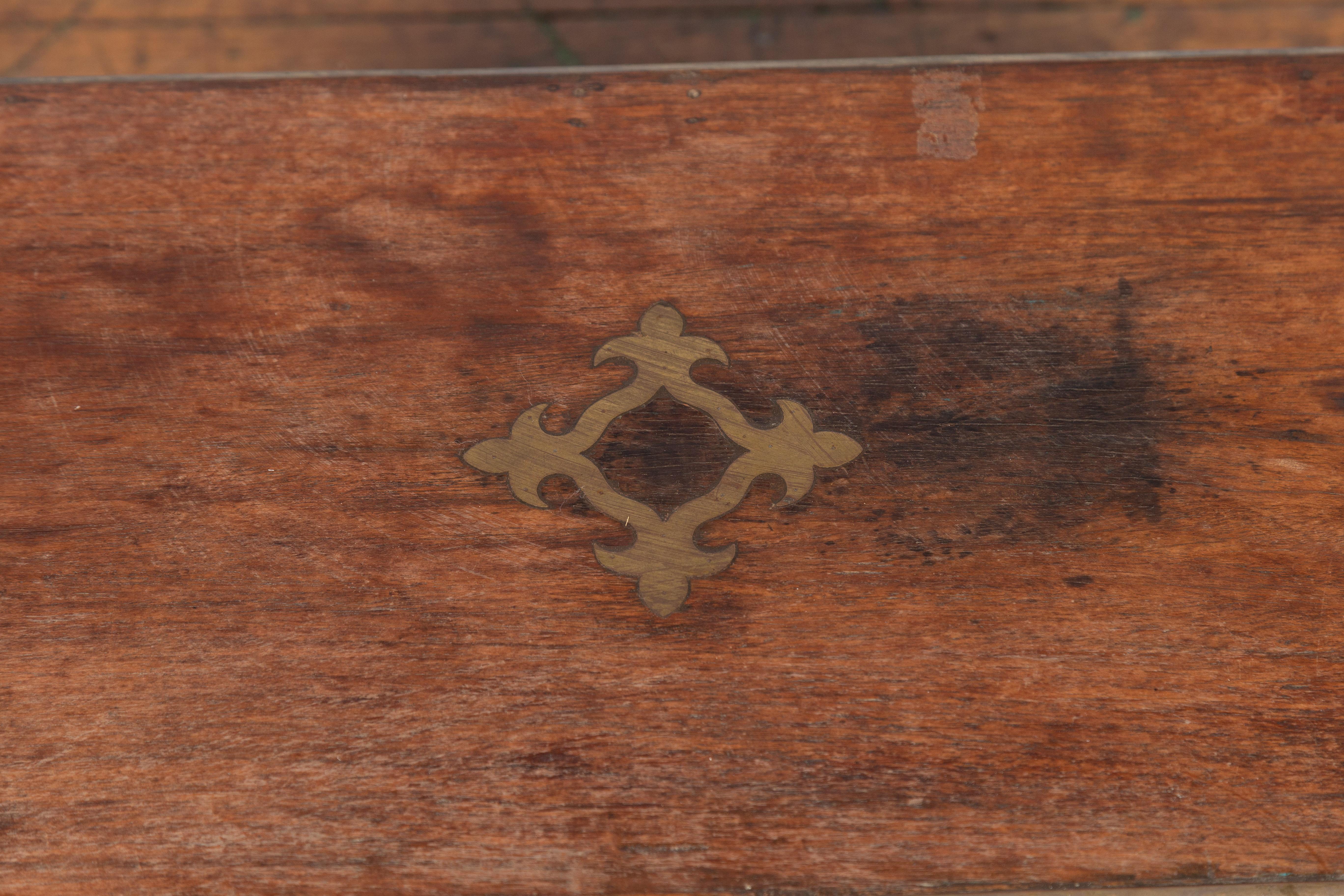 19th Century Indian Wooden Blanket Chest Trunk with Brass Inlay 8