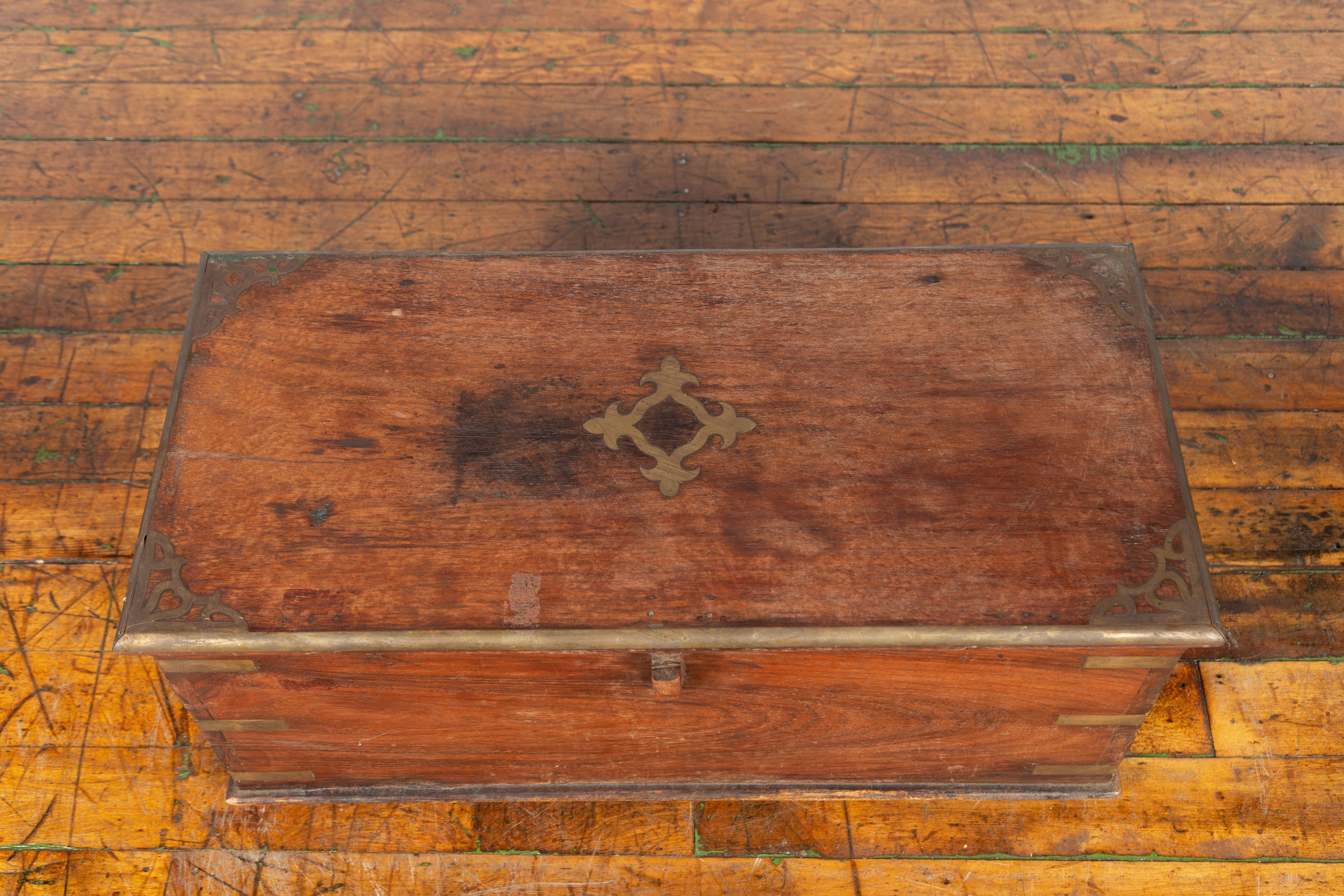 19th Century Indian Wooden Blanket Chest Trunk with Brass Inlay 11