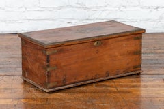 19th Century Indian Wooden Blanket Chest Trunk with Brass Inlay