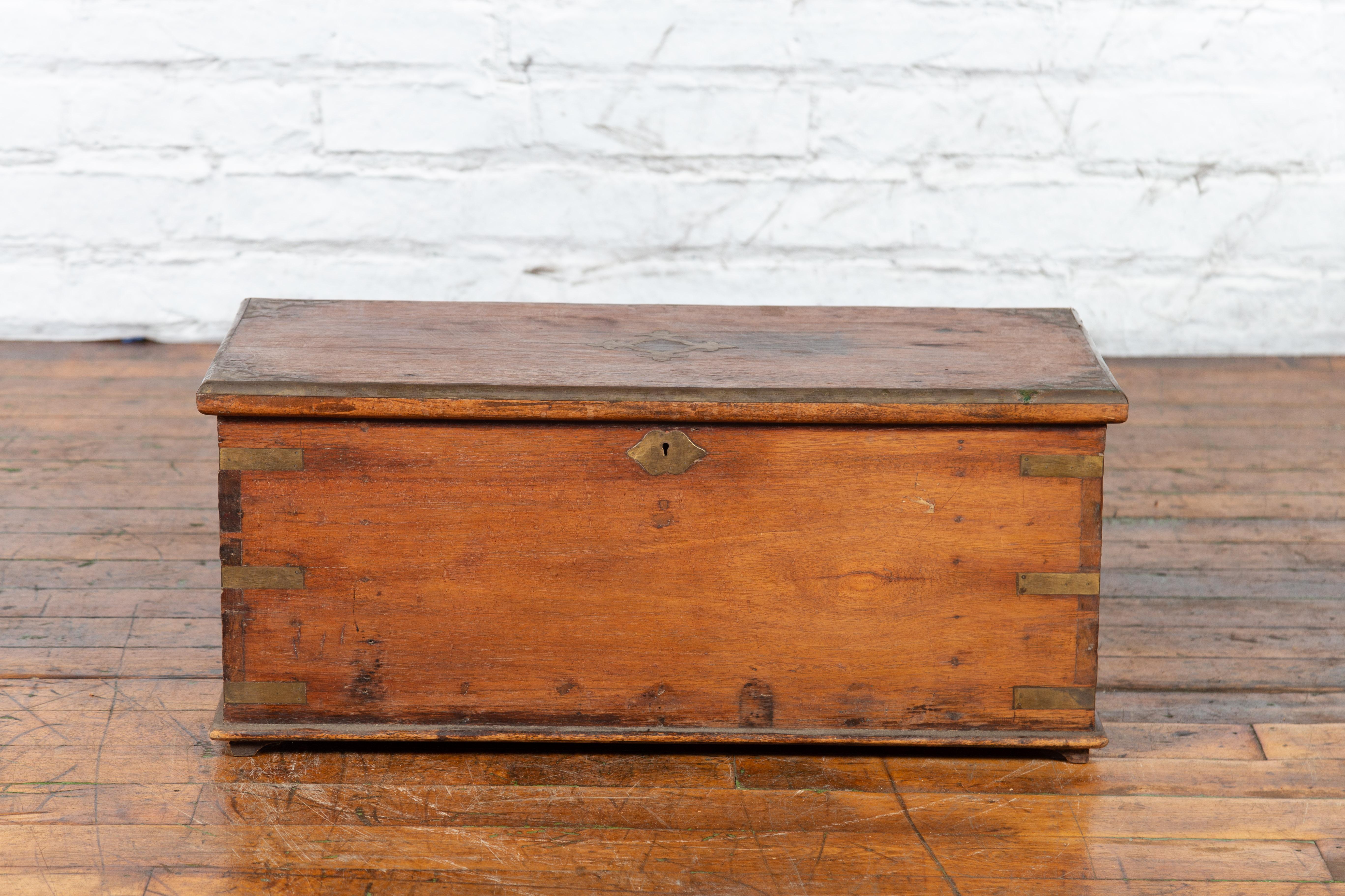 19th Century Indian Wooden Blanket Chest Trunk with Brass Inlay 1