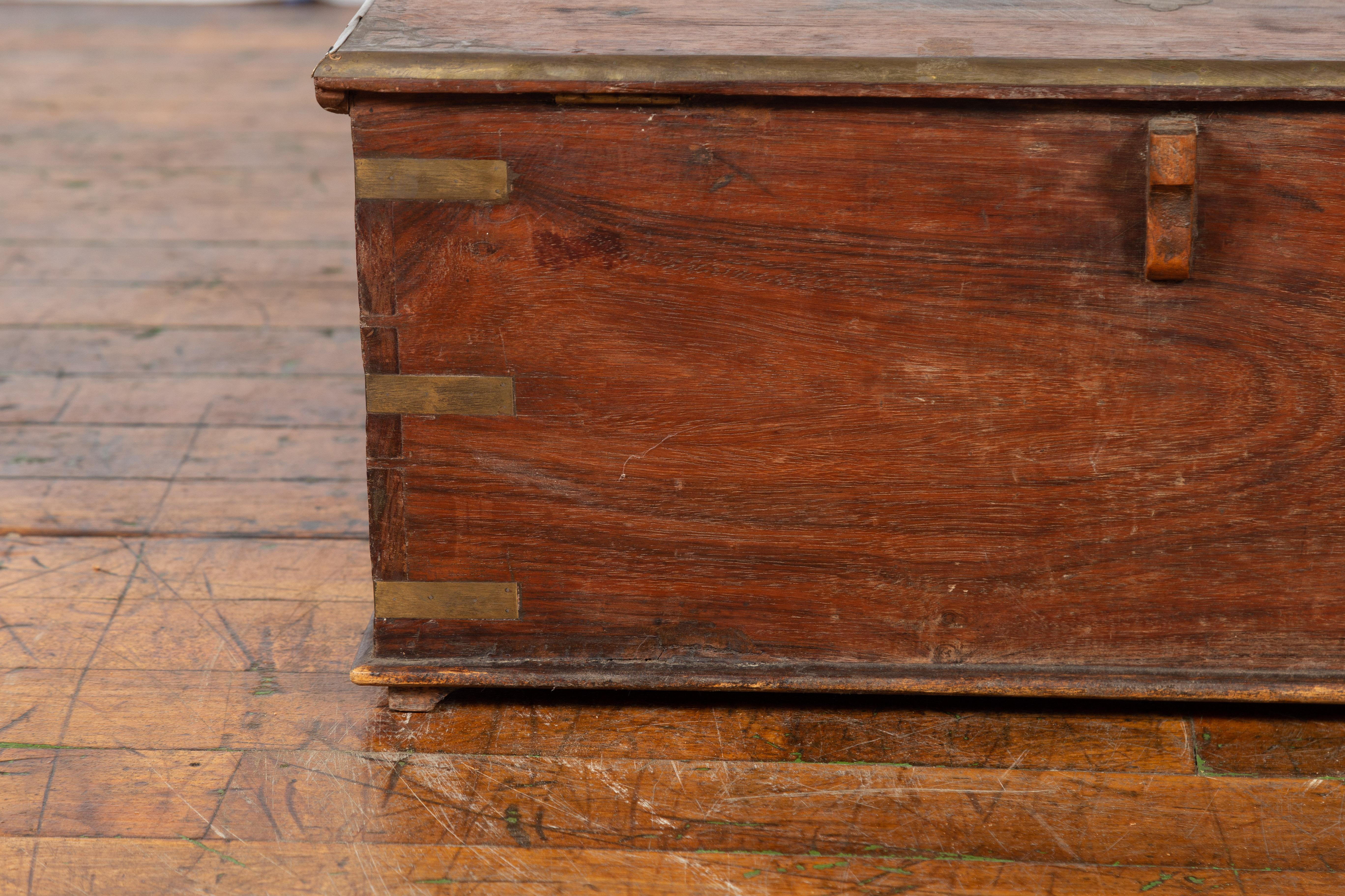 19th Century Indian Wooden Blanket Chest Trunk with Brass Inlay 2