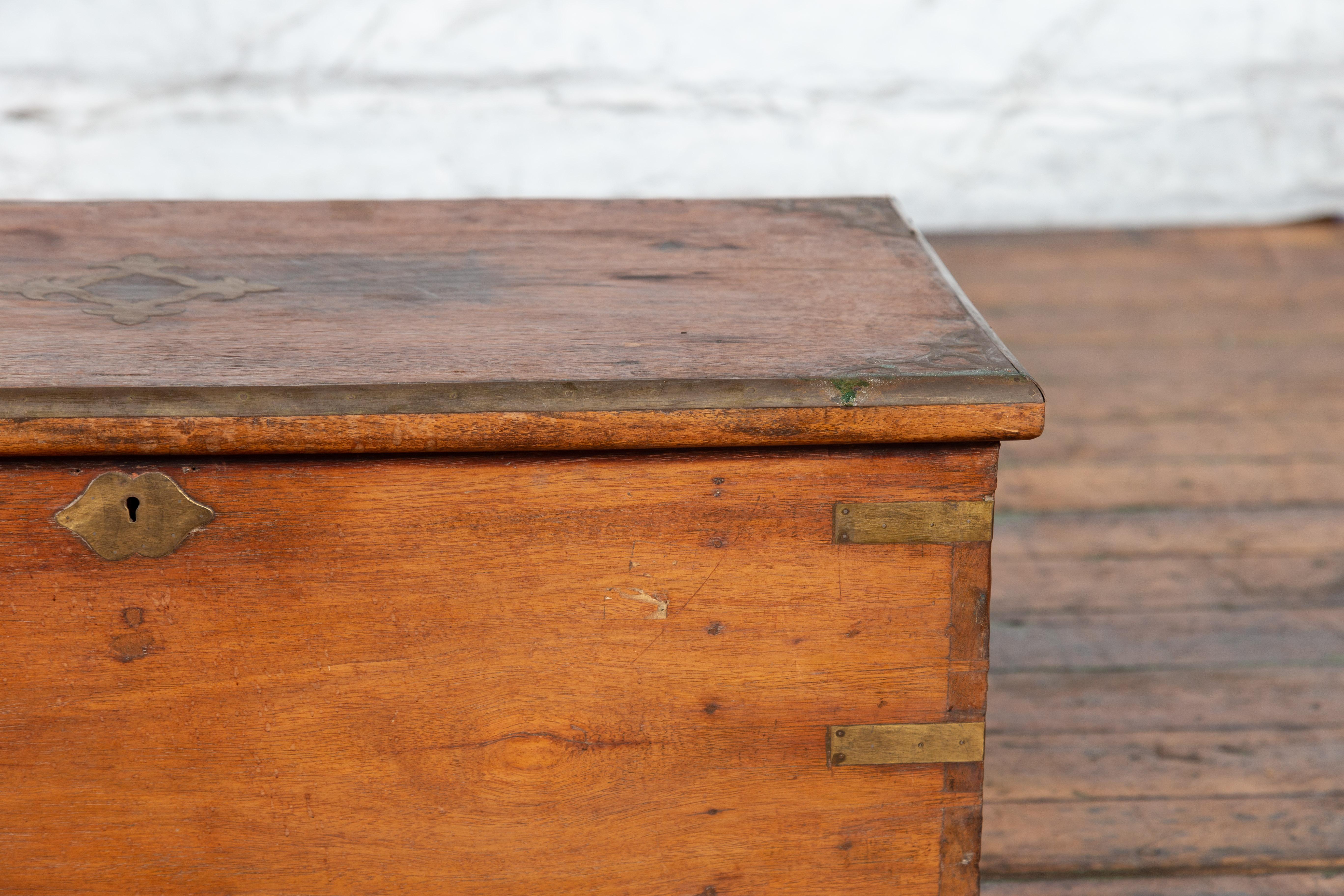 19th Century Indian Wooden Blanket Chest Trunk with Brass Inlay 5