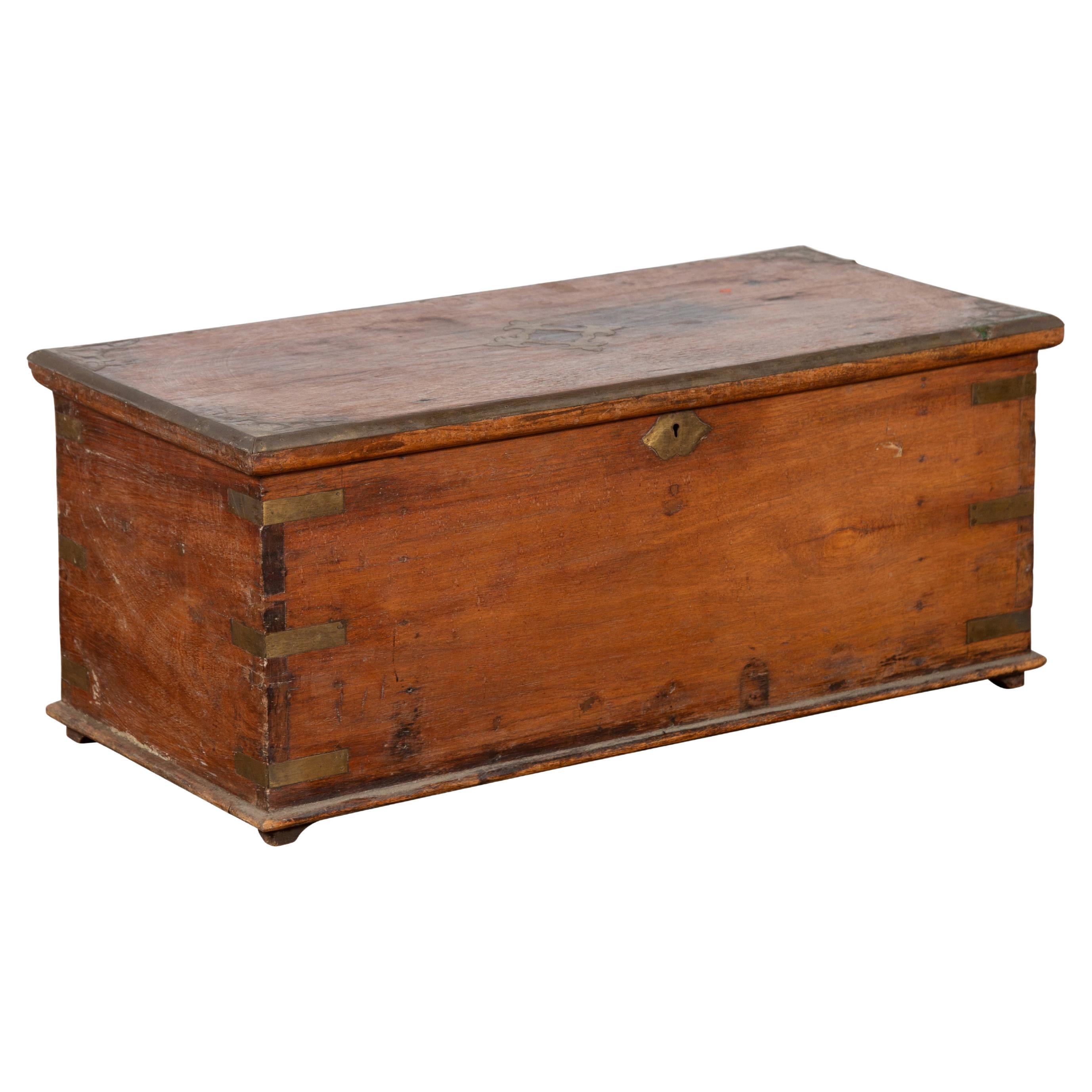 19th Century Indian Wooden Blanket Chest Trunk with Brass Inlay