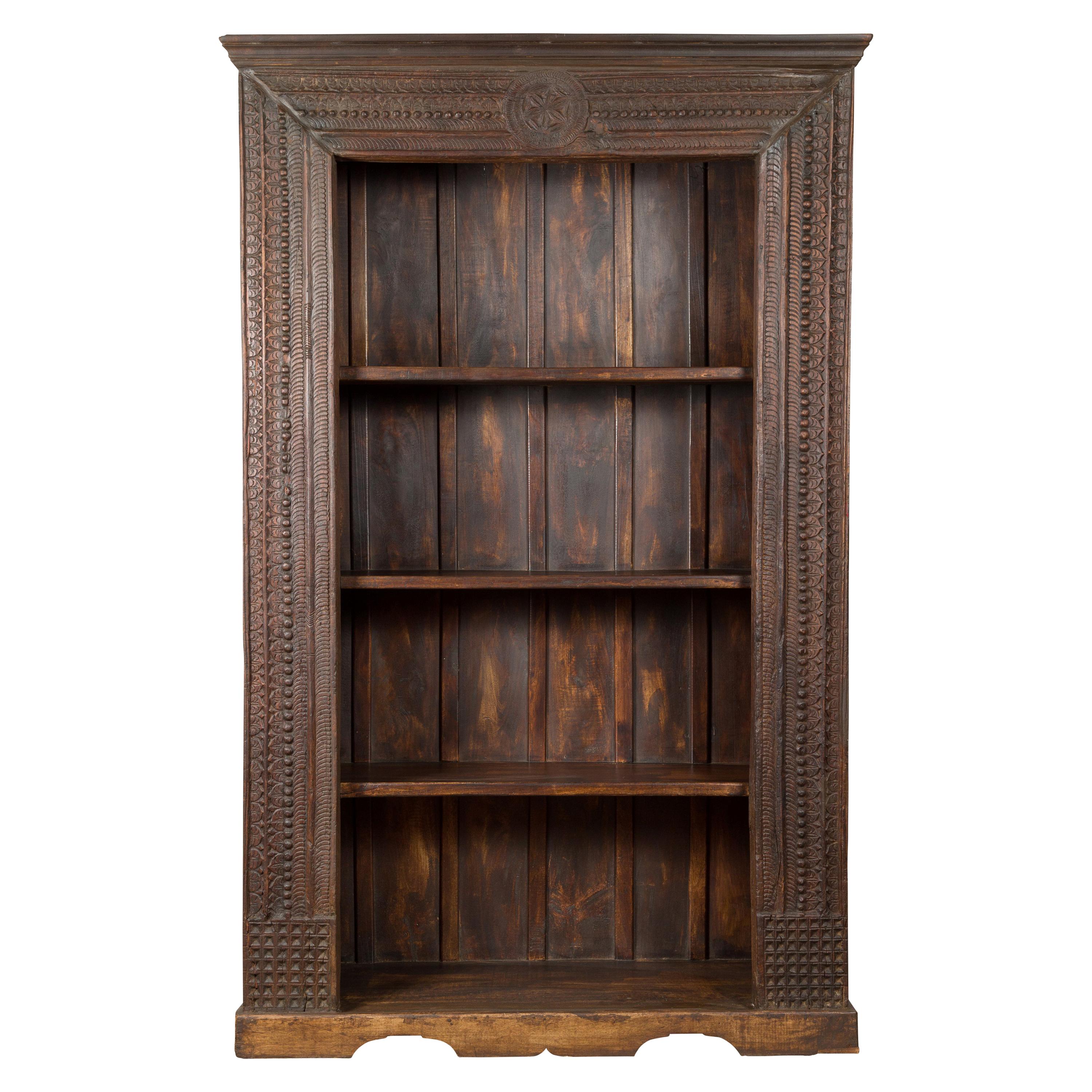 19th Century Indian Wooden Bookcase from Gujarat with Carved Friezes and Rosette