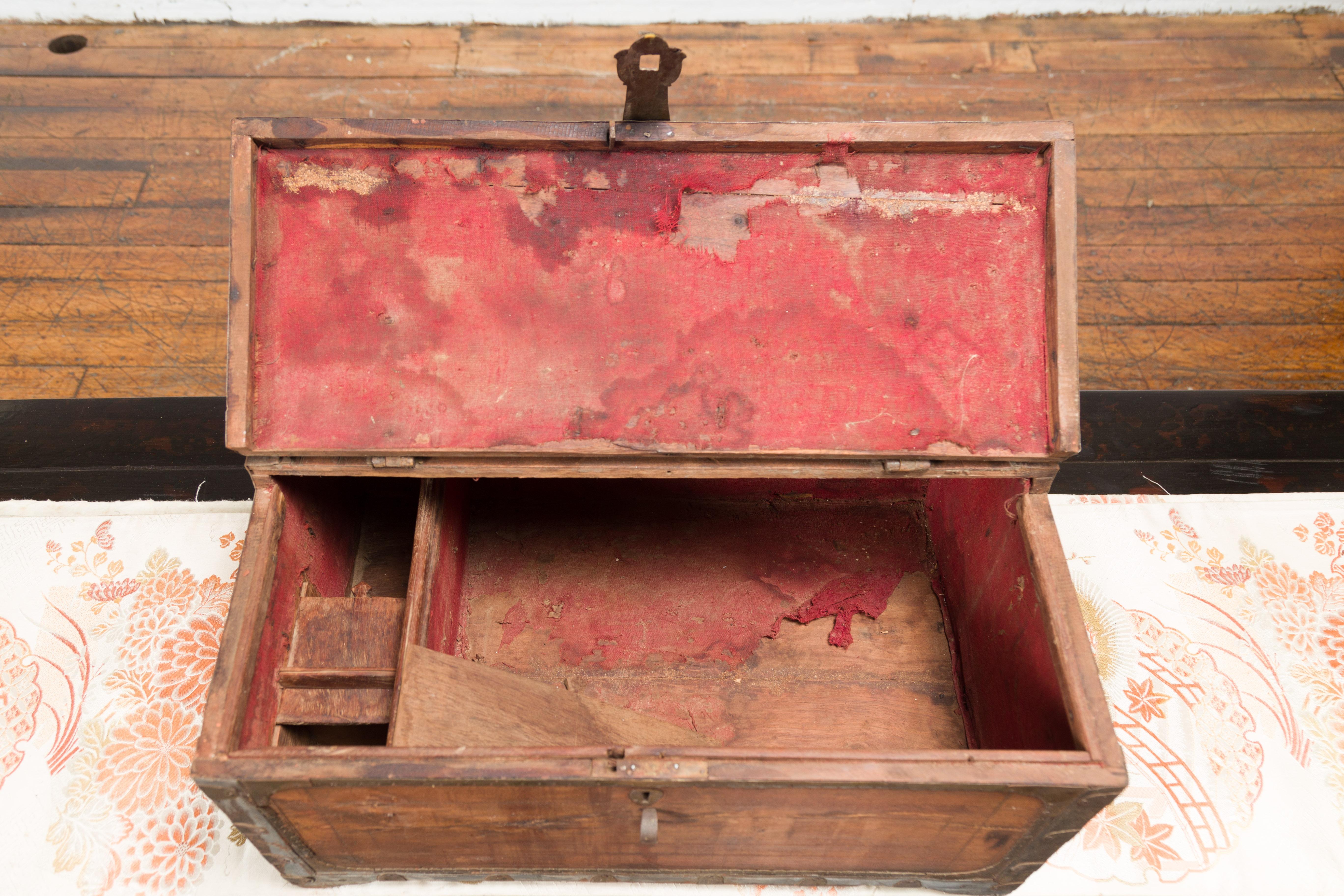 19th Century Indian Wooden Box with Brass Details and Distressed Patina For Sale 8