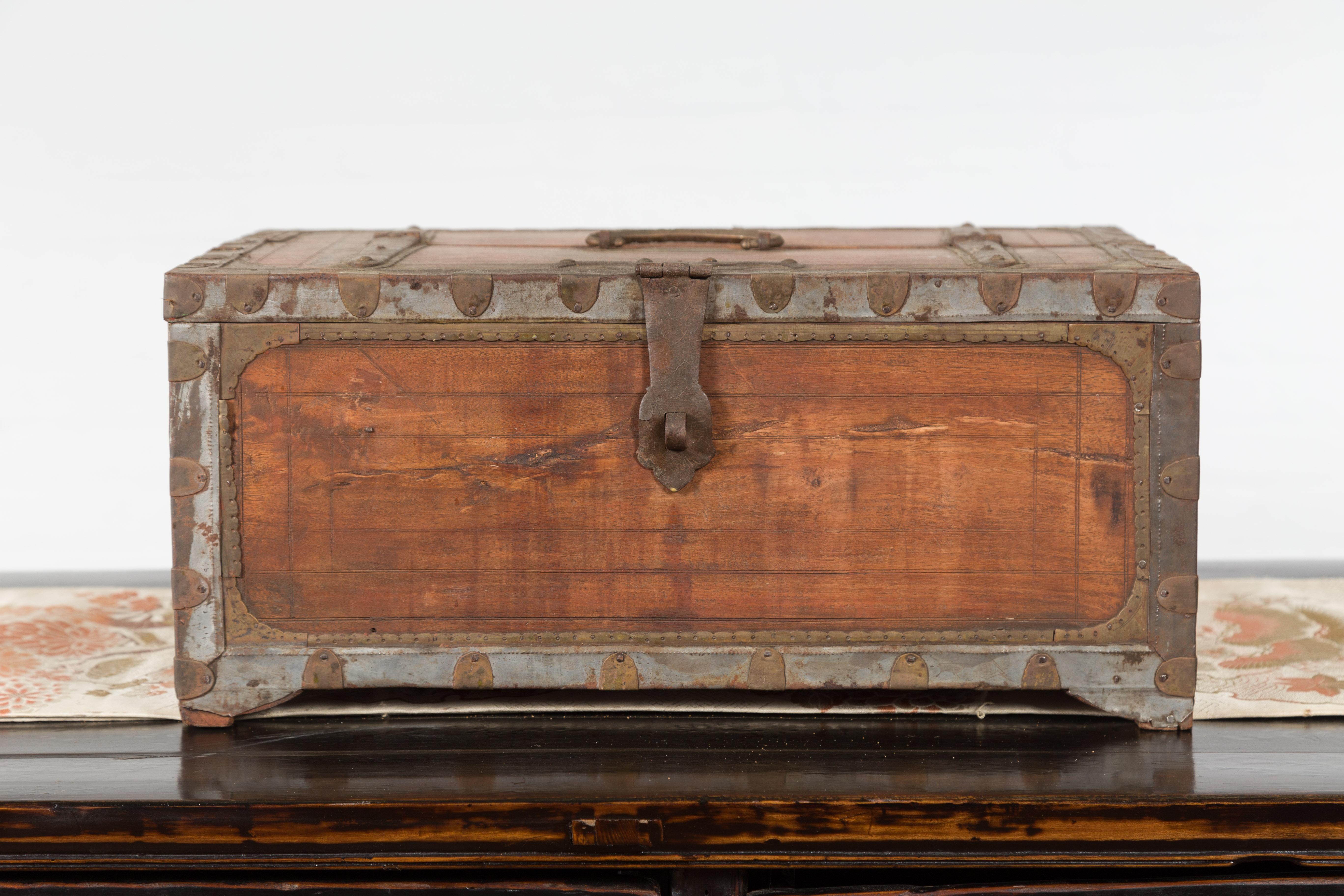19th Century Indian Wooden Box with Brass Details and Distressed Patina 2