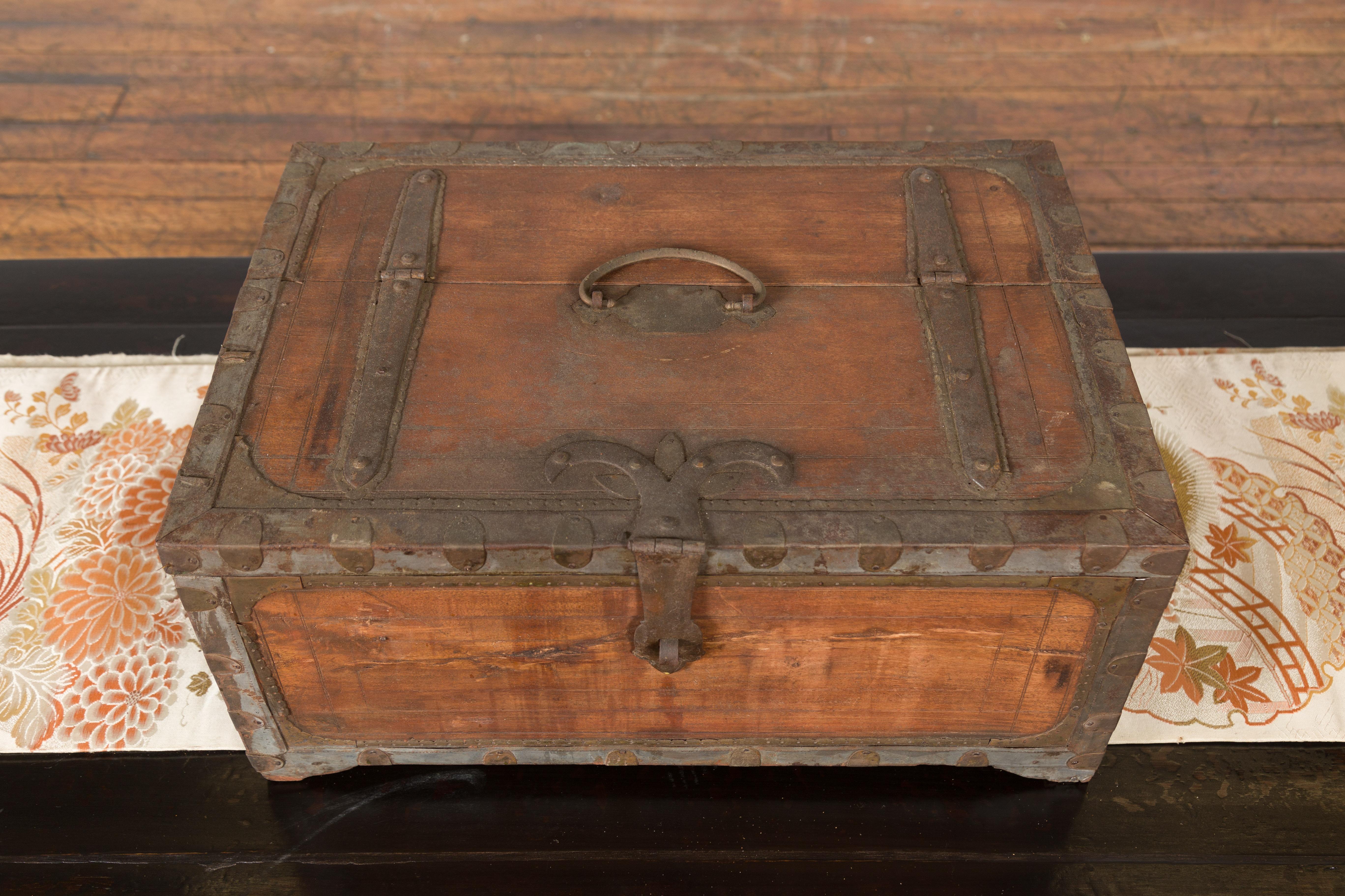 19th Century Indian Wooden Box with Brass Details and Distressed Patina For Sale 2
