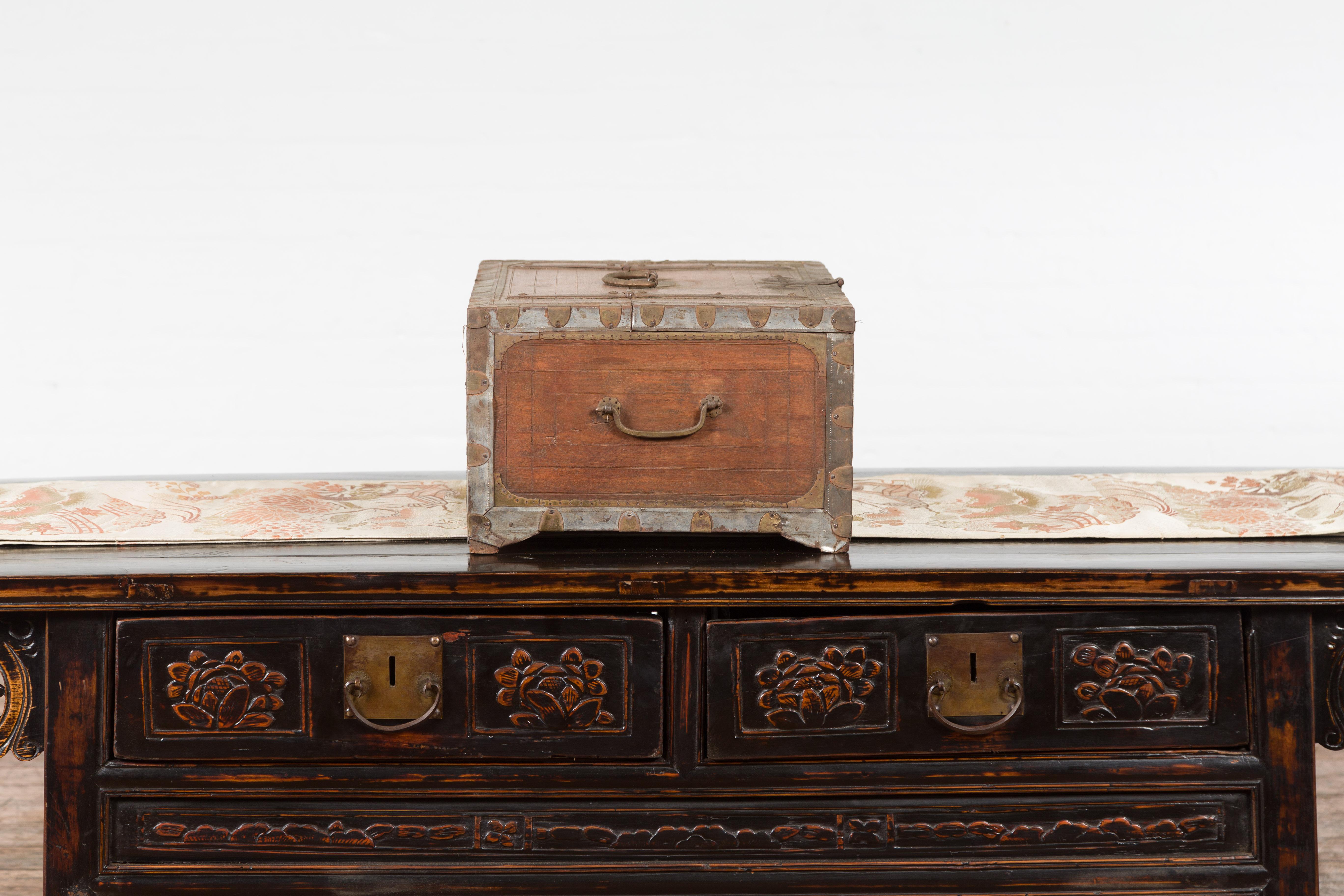 19th Century Indian Wooden Box with Brass Details and Distressed Patina For Sale 5