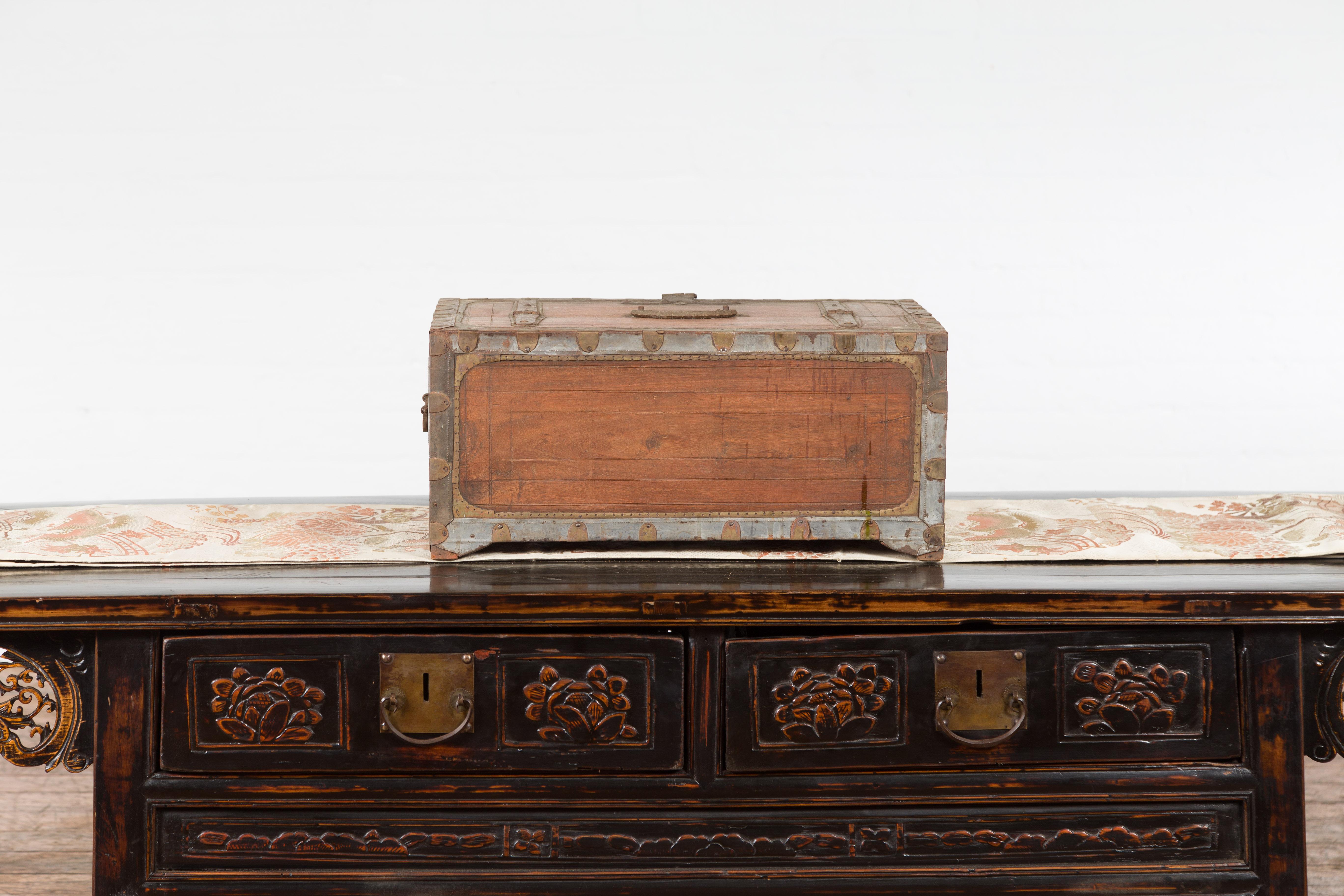 19th Century Indian Wooden Box with Brass Details and Distressed Patina For Sale 6