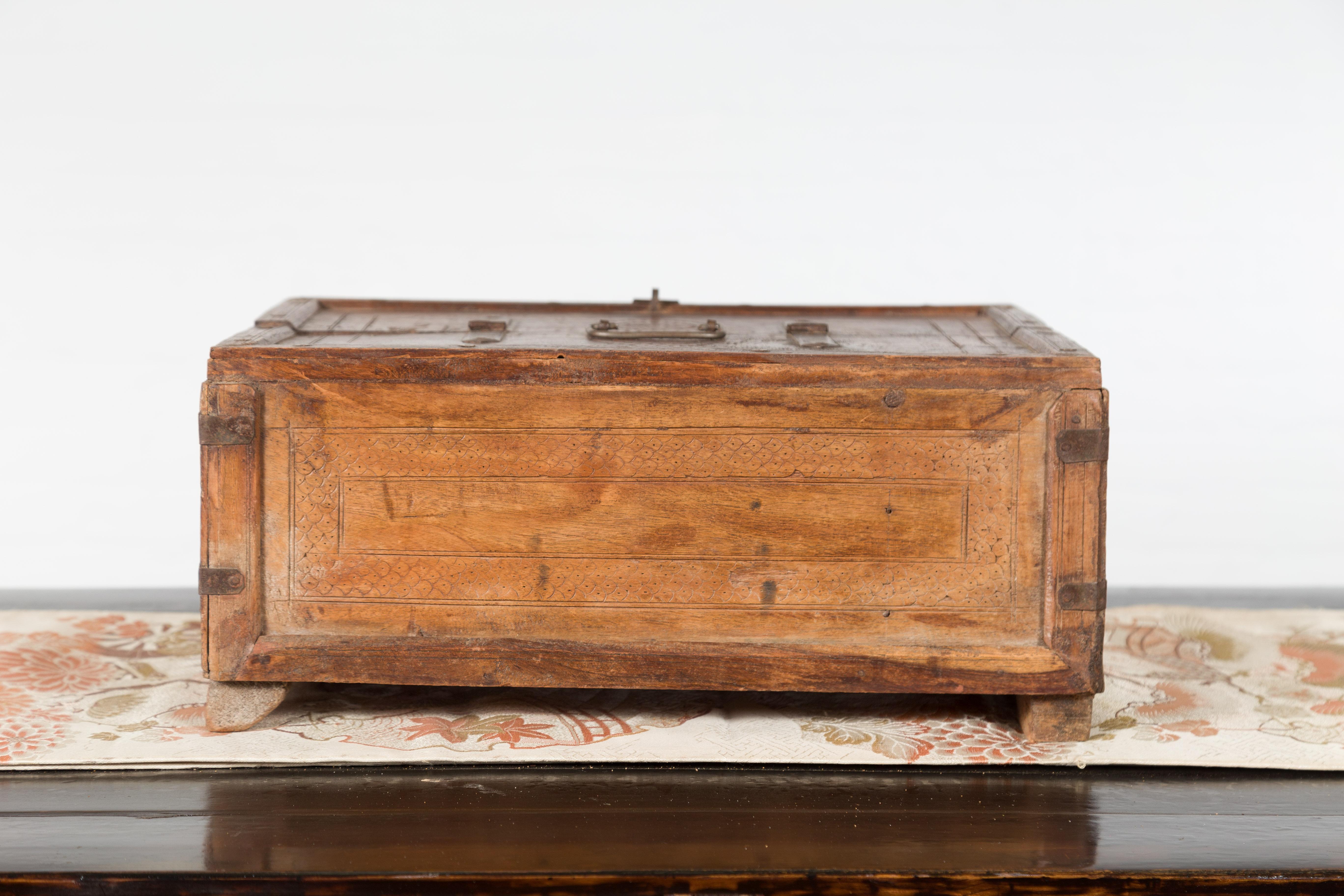 19th Century Indian Wooden Box with Incised Motifs and Distressed Patina 2