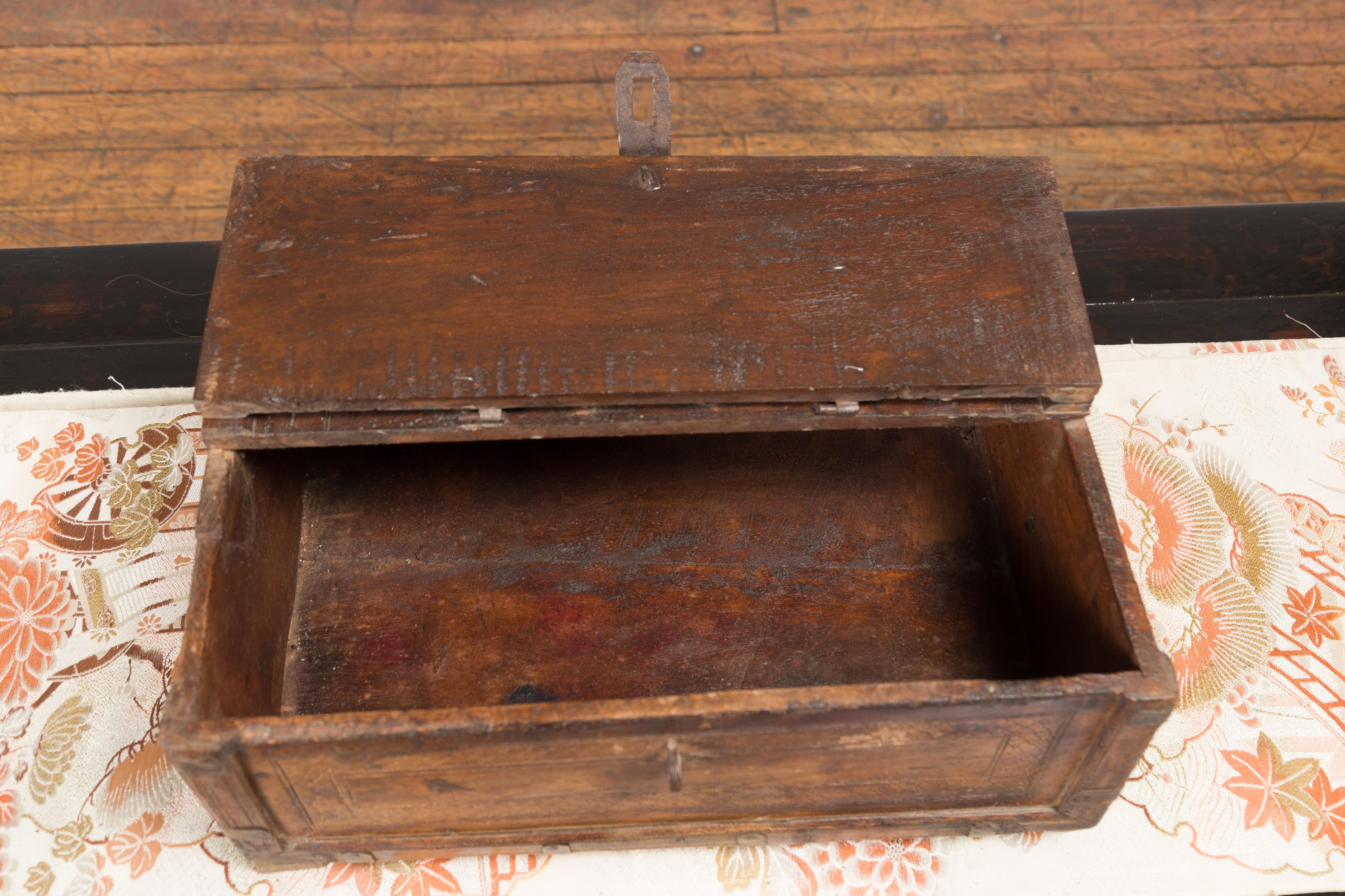Carved 19th Century Indian Wooden Box with Incised Motifs and Distressed Patina