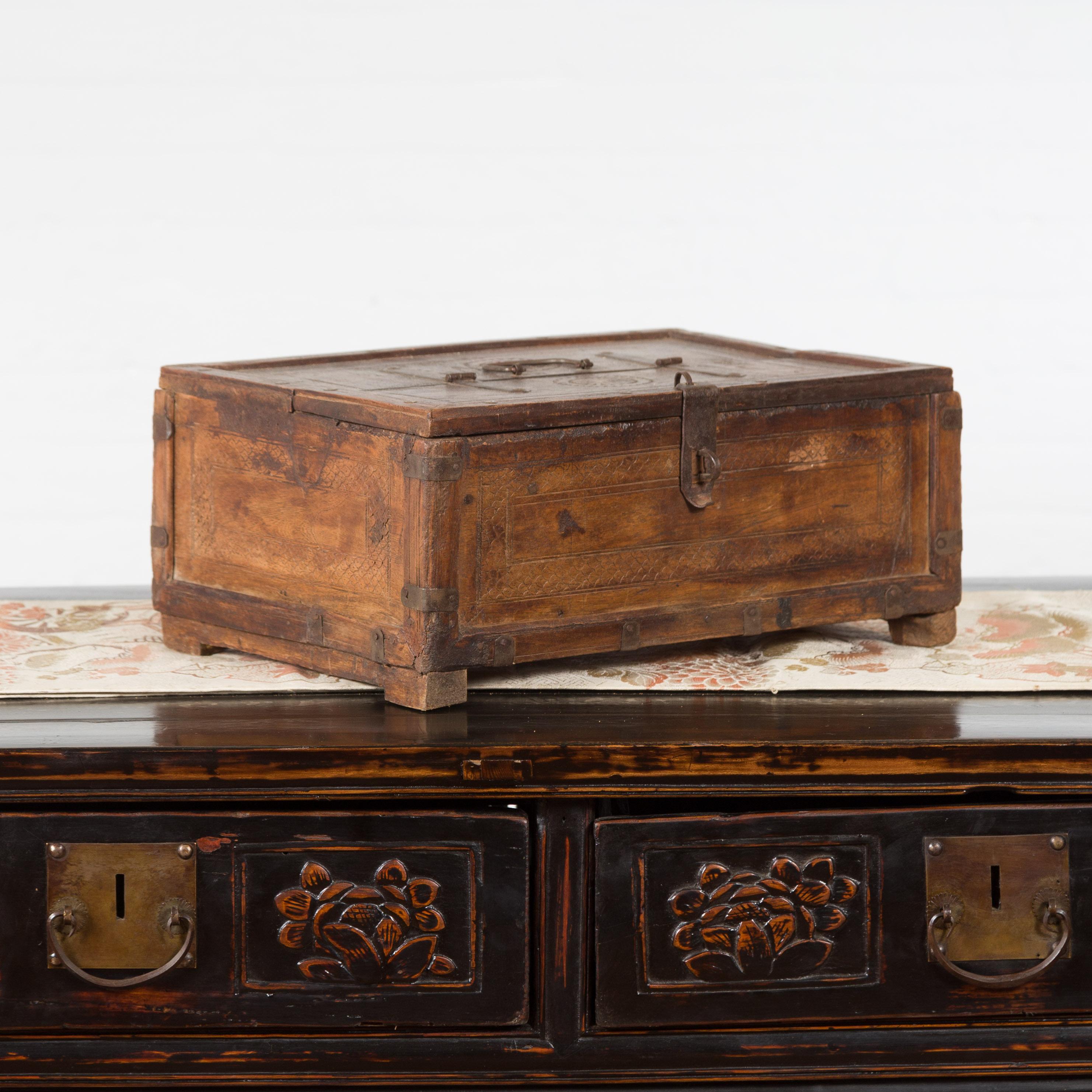 19th Century Indian Wooden Box with Incised Motifs and Distressed Patina In Good Condition In Yonkers, NY