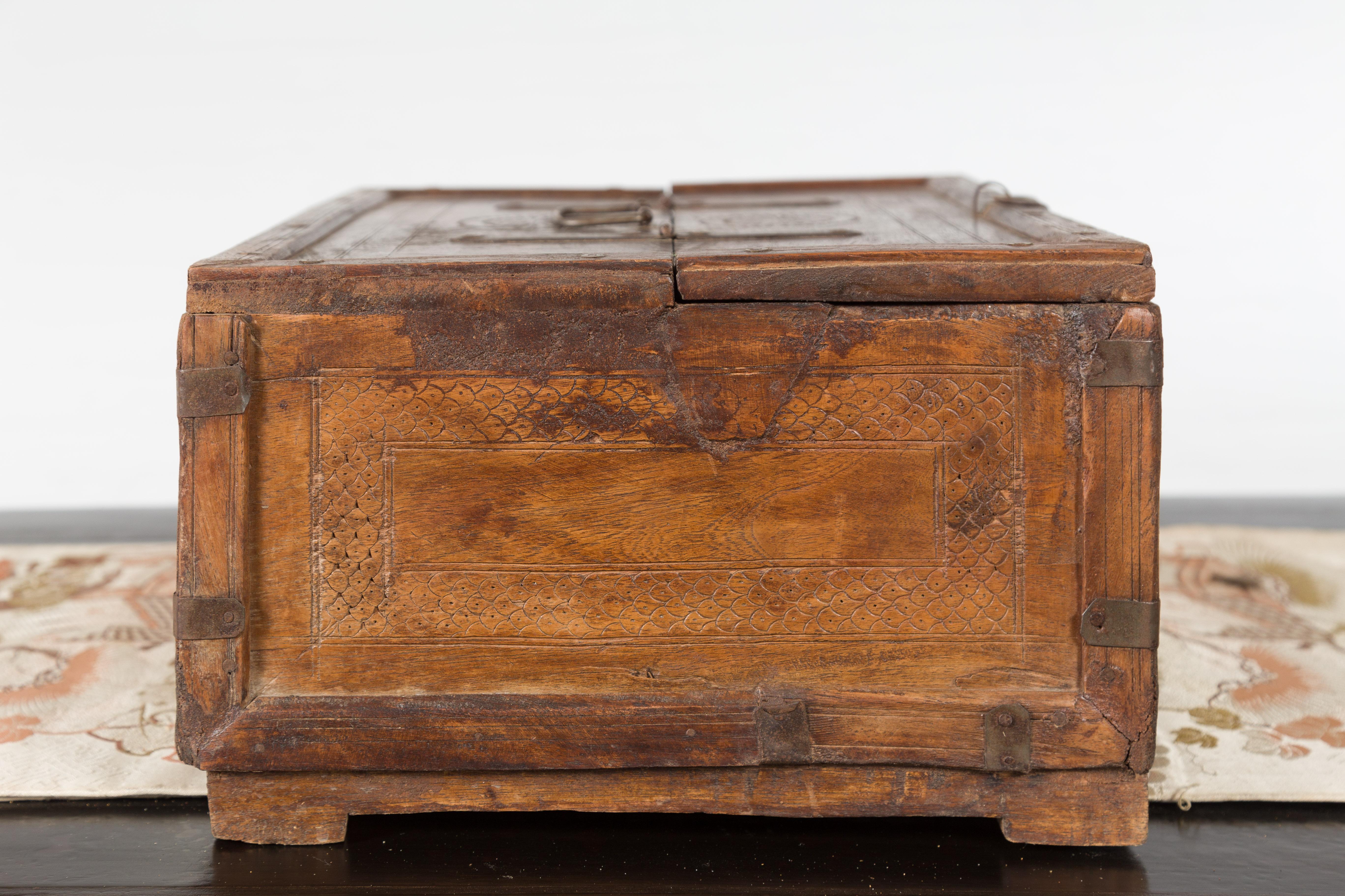19th Century Indian Wooden Box with Incised Motifs and Distressed Patina 1