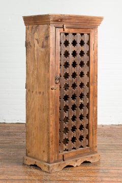 19th Century Indian Wooden Cabinet with Single Fretwork Door and Brass Handle
