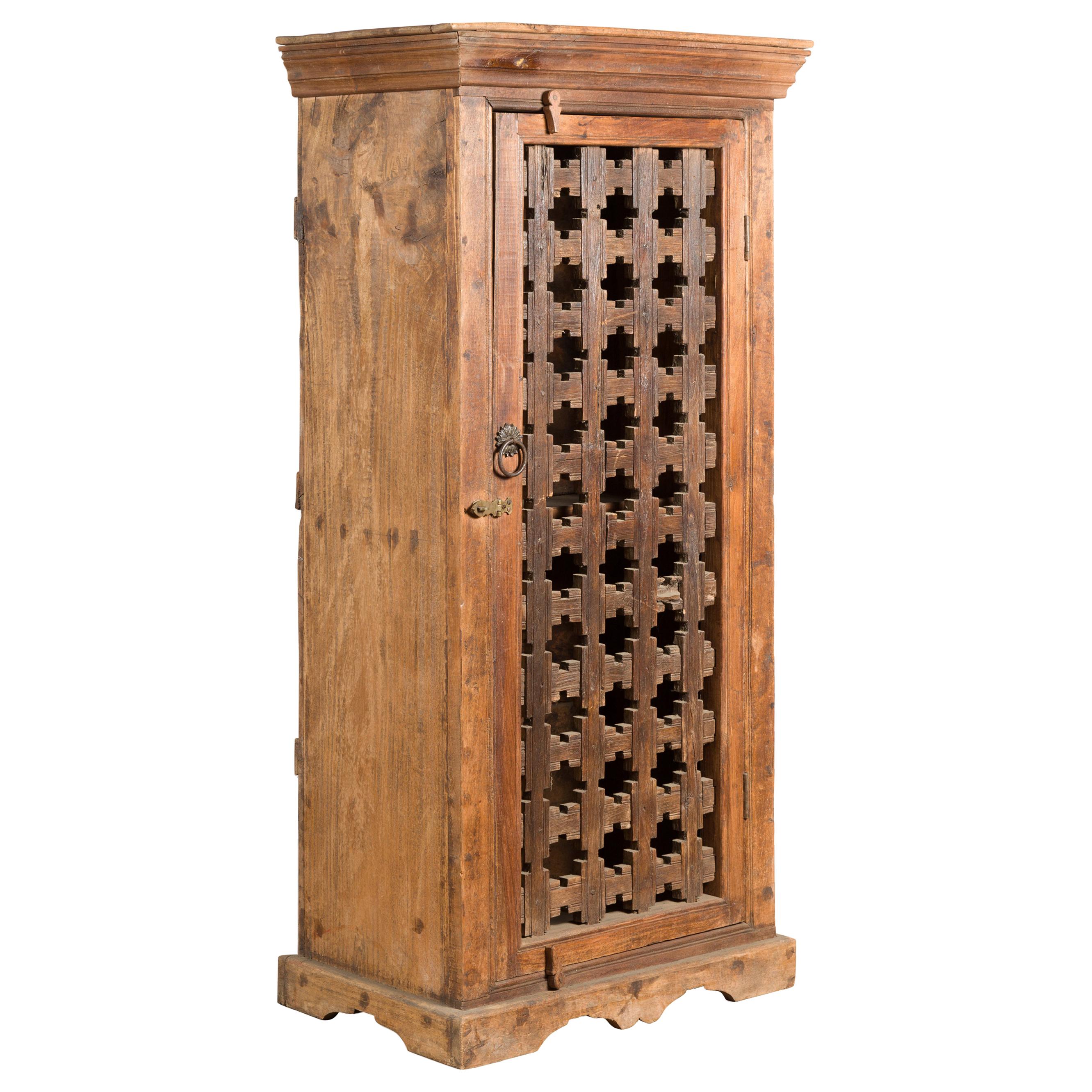 19th Century Indian Wooden Cabinet with Single Fretwork Door and Brass Handle For Sale