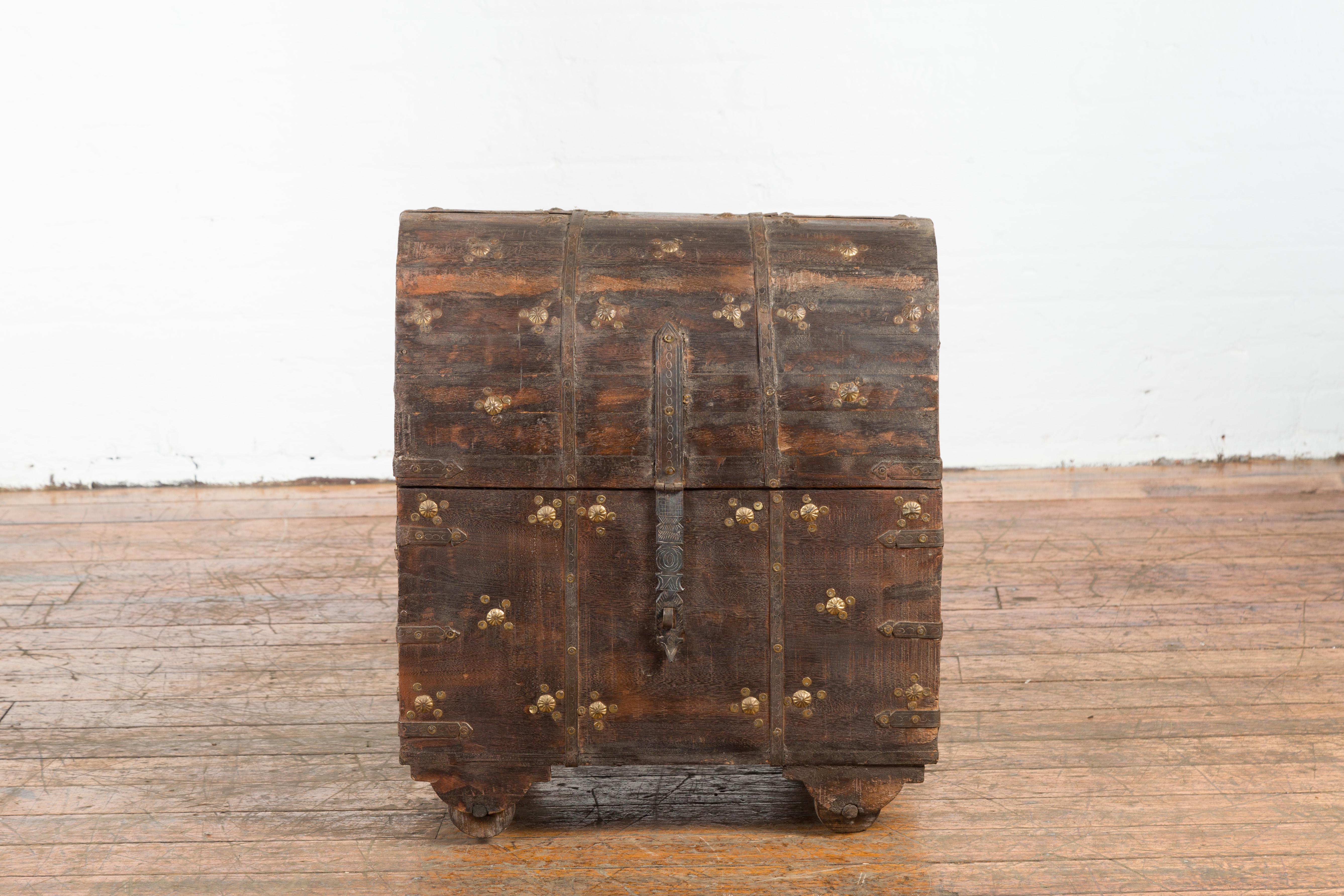 19th Century Indian Wooden Treasure Chest with Dome Top and Gilt Metal Rosettes For Sale 10