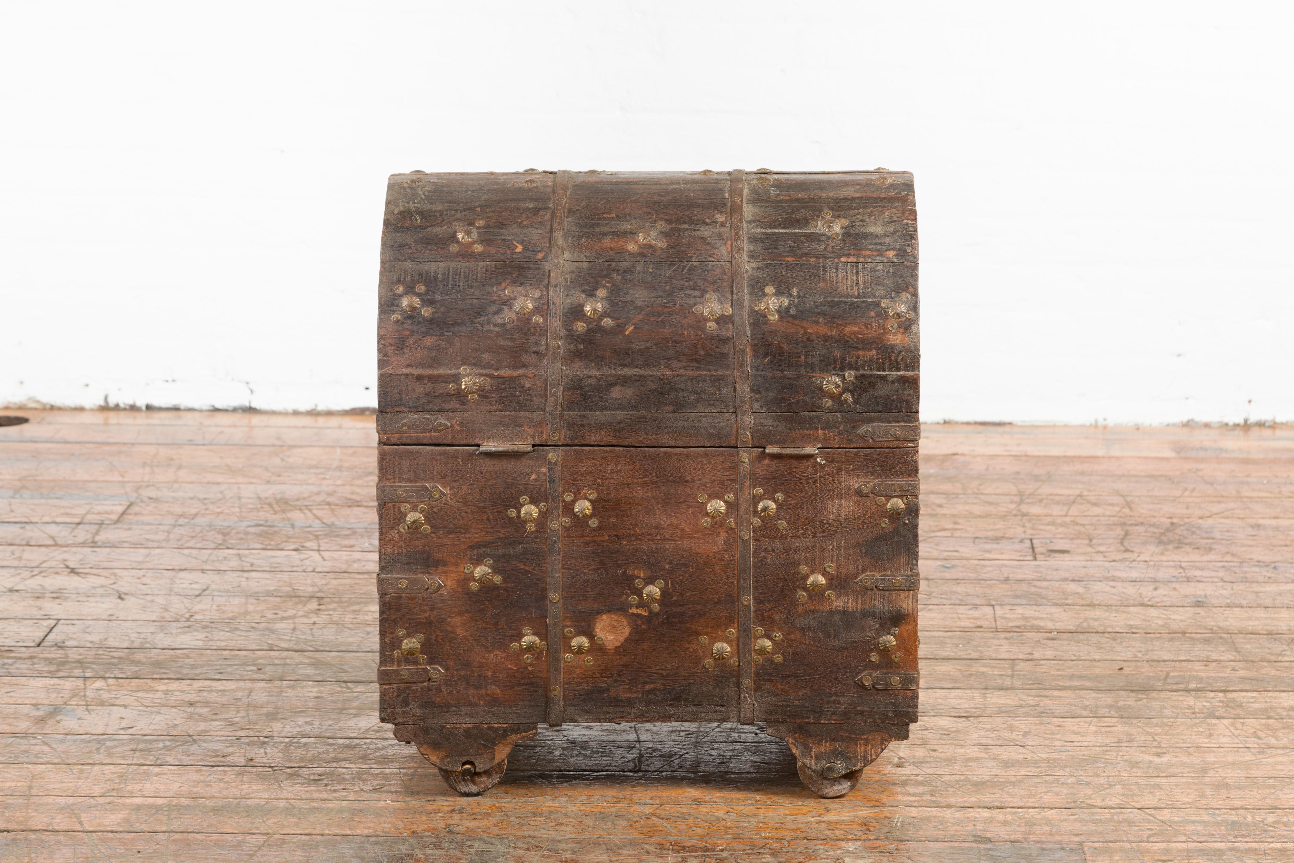 19th Century Indian Wooden Treasure Chest with Dome Top and Gilt Metal Rosettes For Sale 11