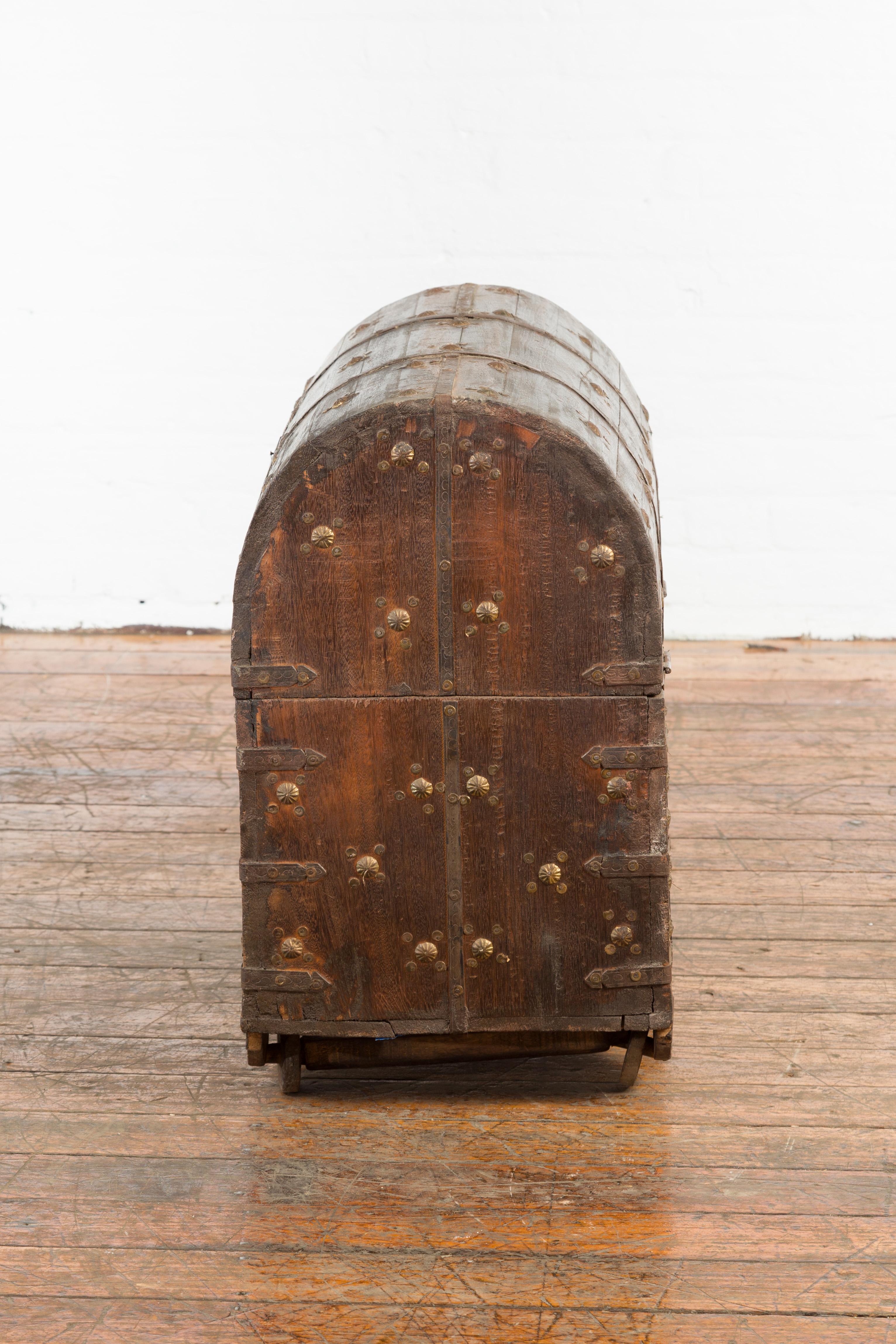 19th Century Indian Wooden Treasure Chest with Dome Top and Gilt Metal Rosettes For Sale 12