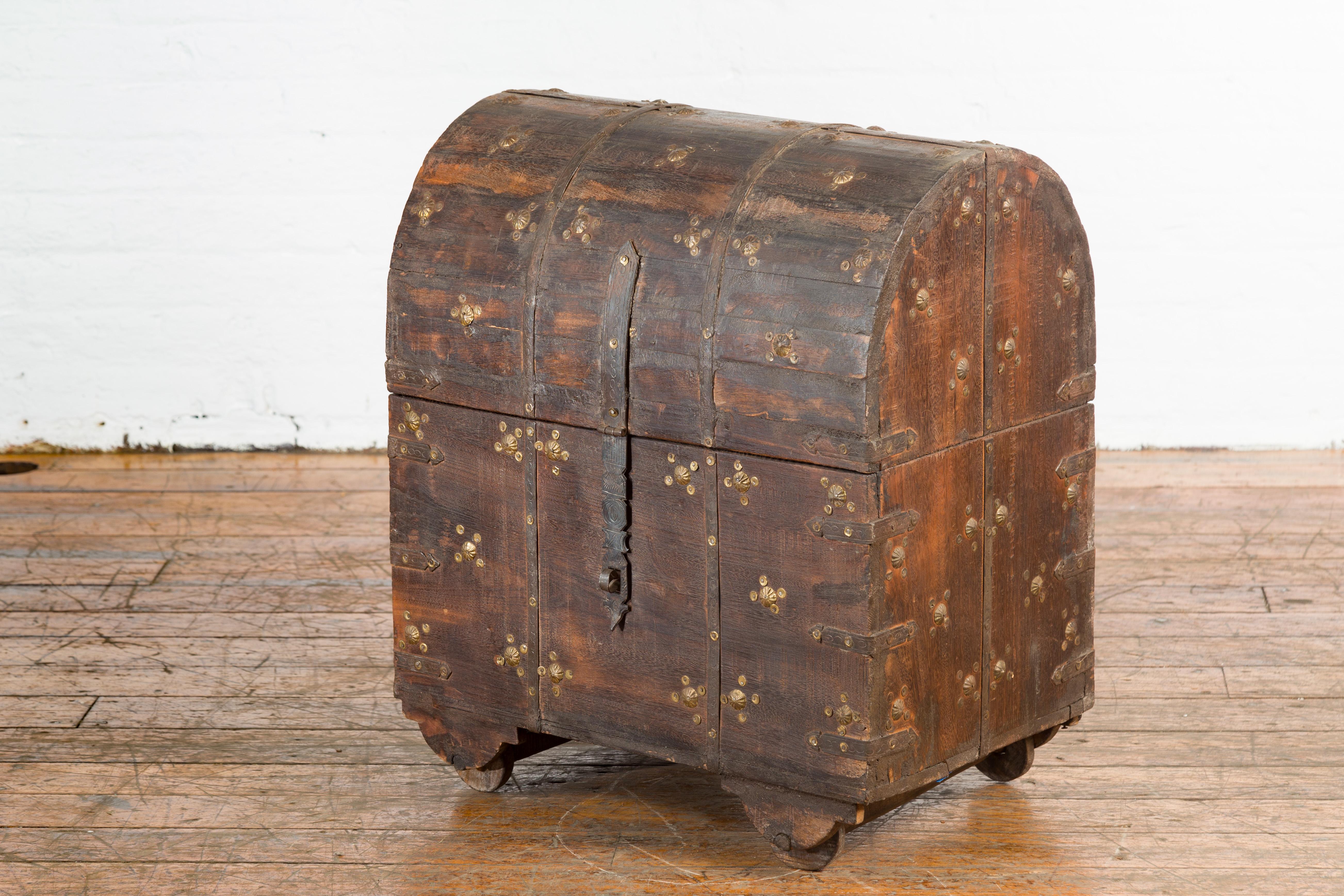 19th Century Indian Wooden Treasure Chest with Dome Top and Gilt Metal Rosettes For Sale 13