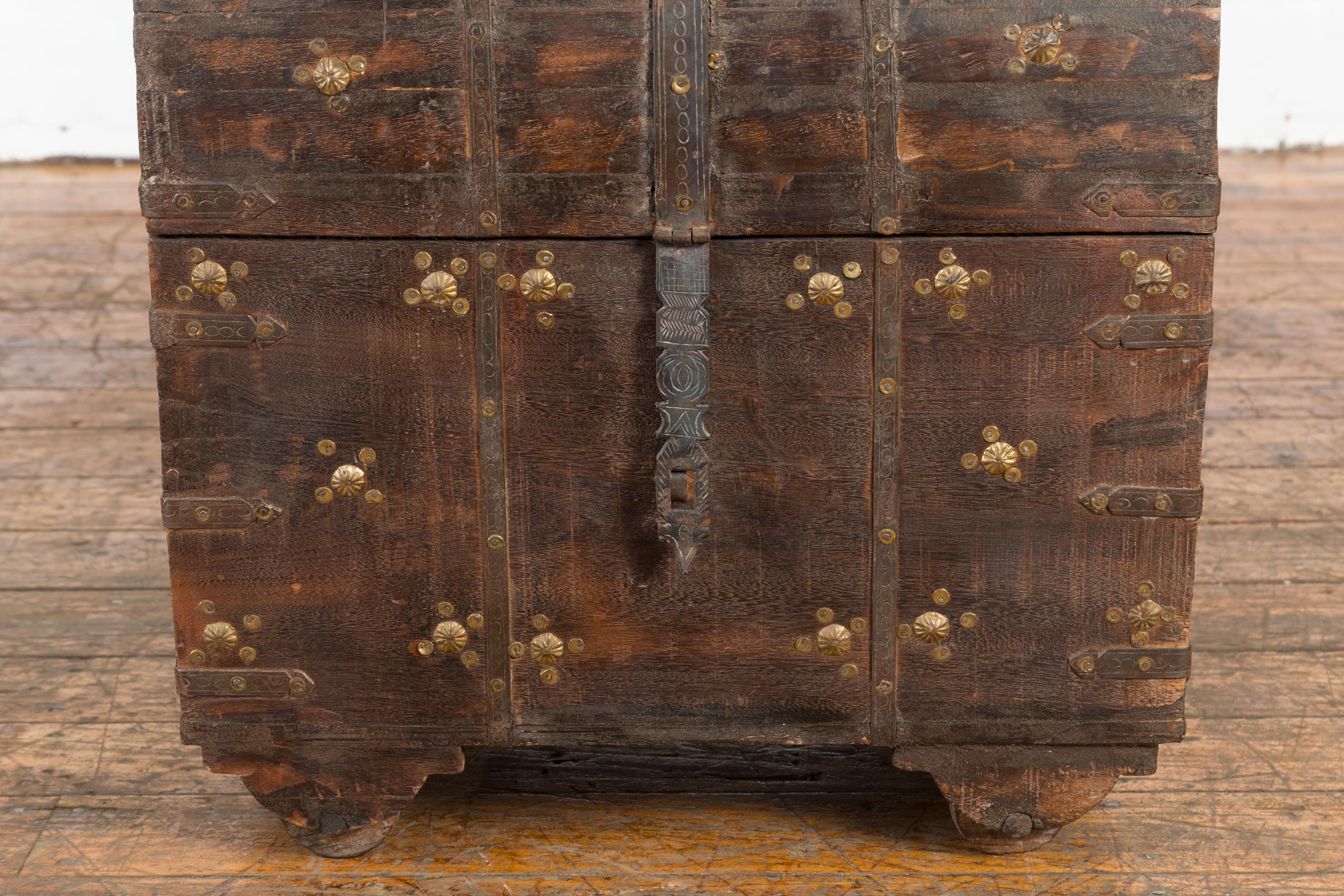 19th Century Indian Wooden Treasure Chest with Dome Top and Gilt Metal Rosettes In Good Condition For Sale In Yonkers, NY