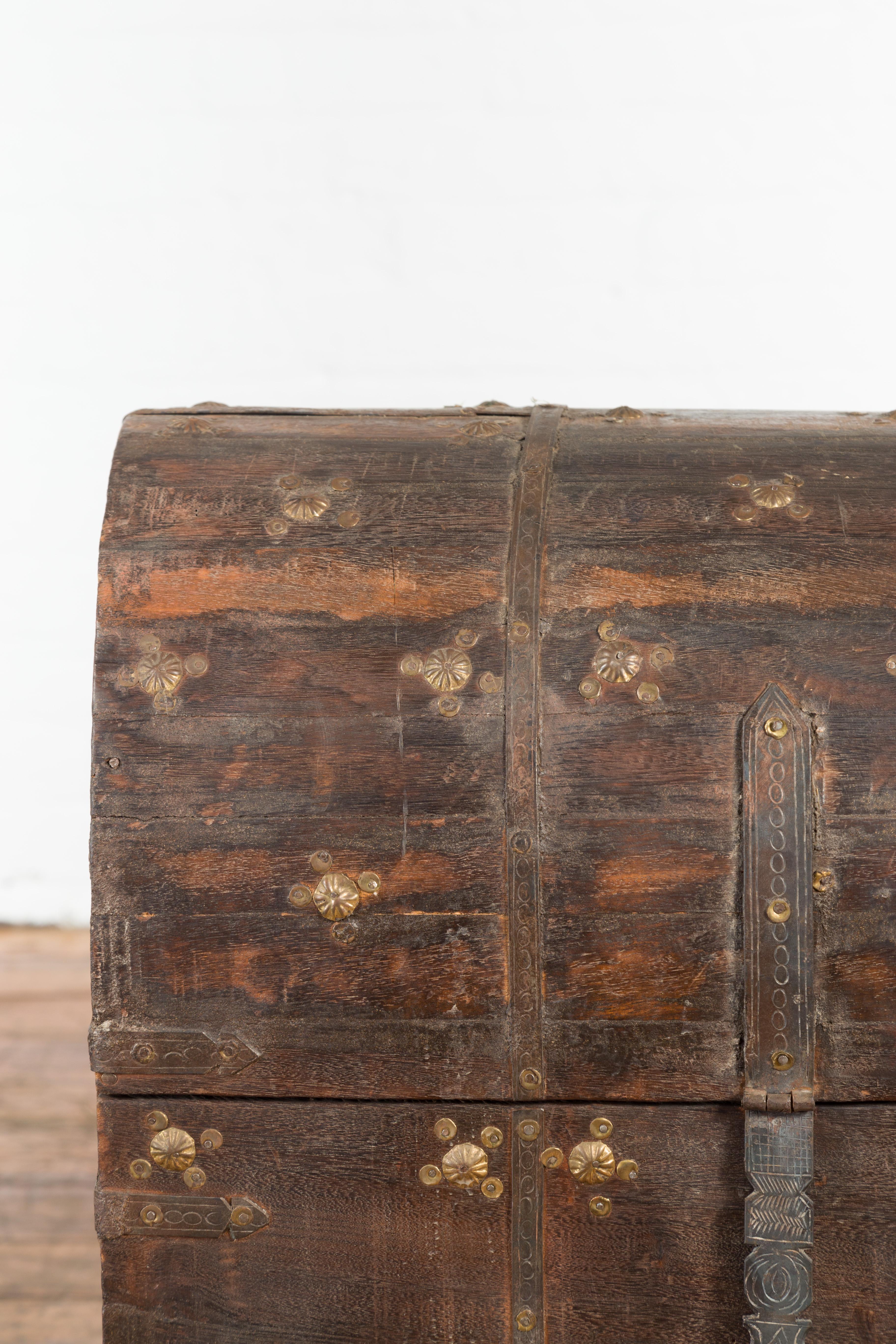 Brass 19th Century Indian Wooden Treasure Chest with Dome Top and Gilt Metal Rosettes For Sale