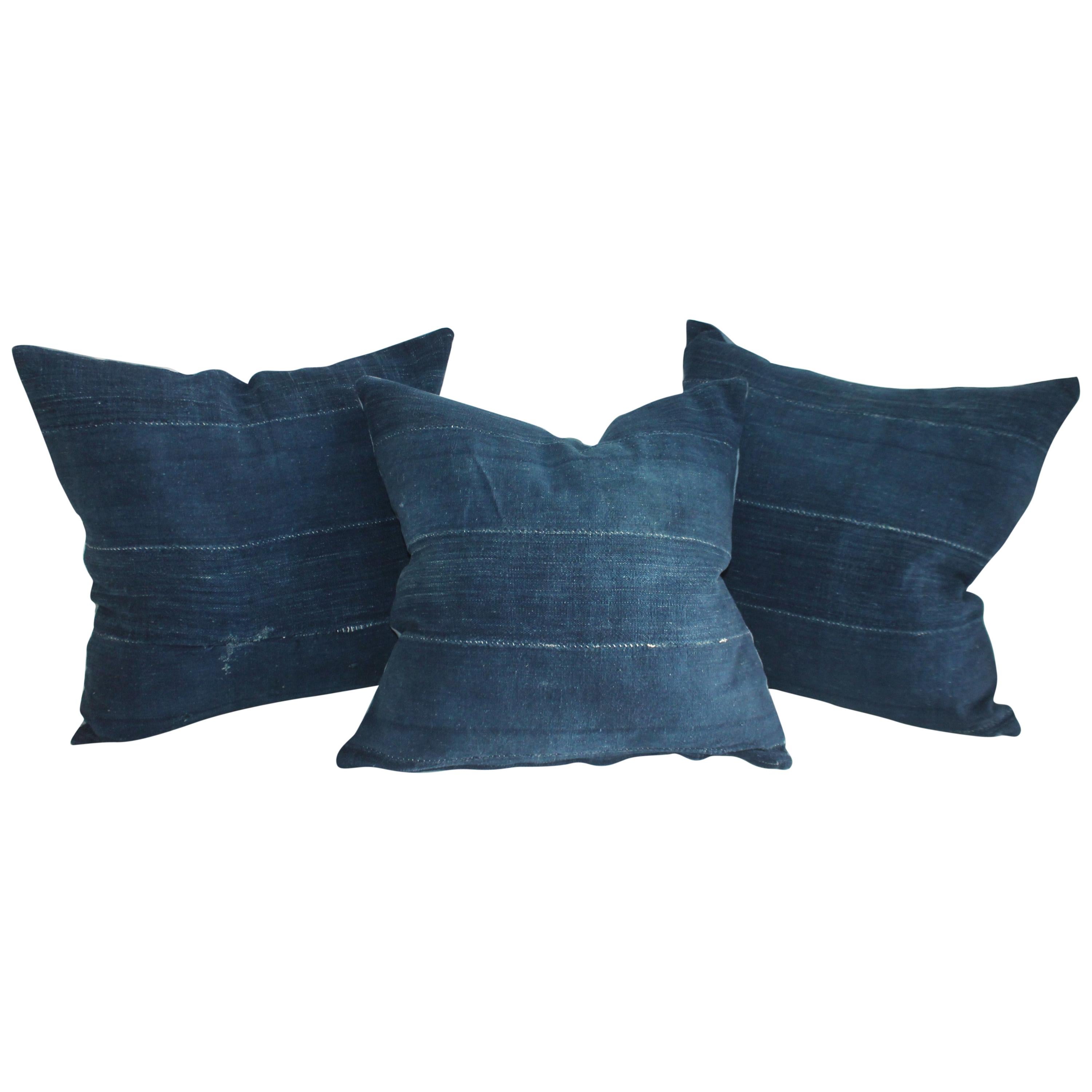 19th century Indigo Blue Linen Pillows, 3