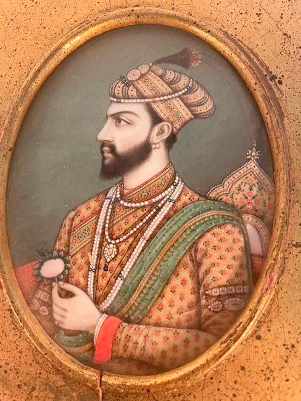 Leather 19th Century Indo-Persian Miniatures of Emperor Shah Jahan and Mumtaz Mahal For Sale
