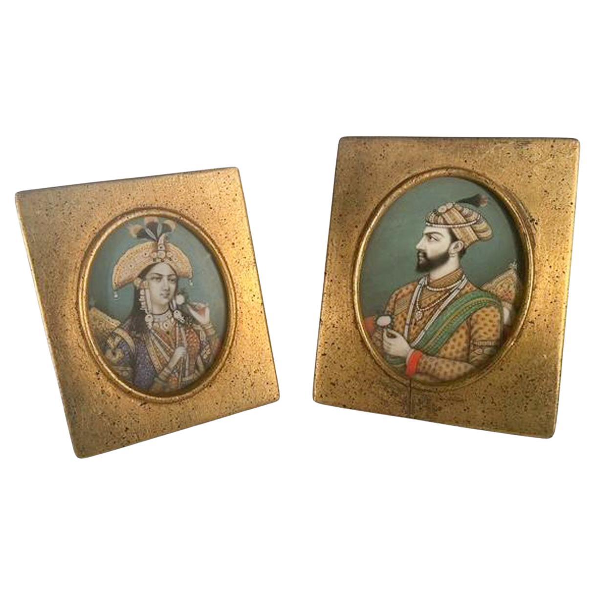 19th Century Indo-Persian Miniatures of Emperor Shah Jahan and Mumtaz Mahal For Sale