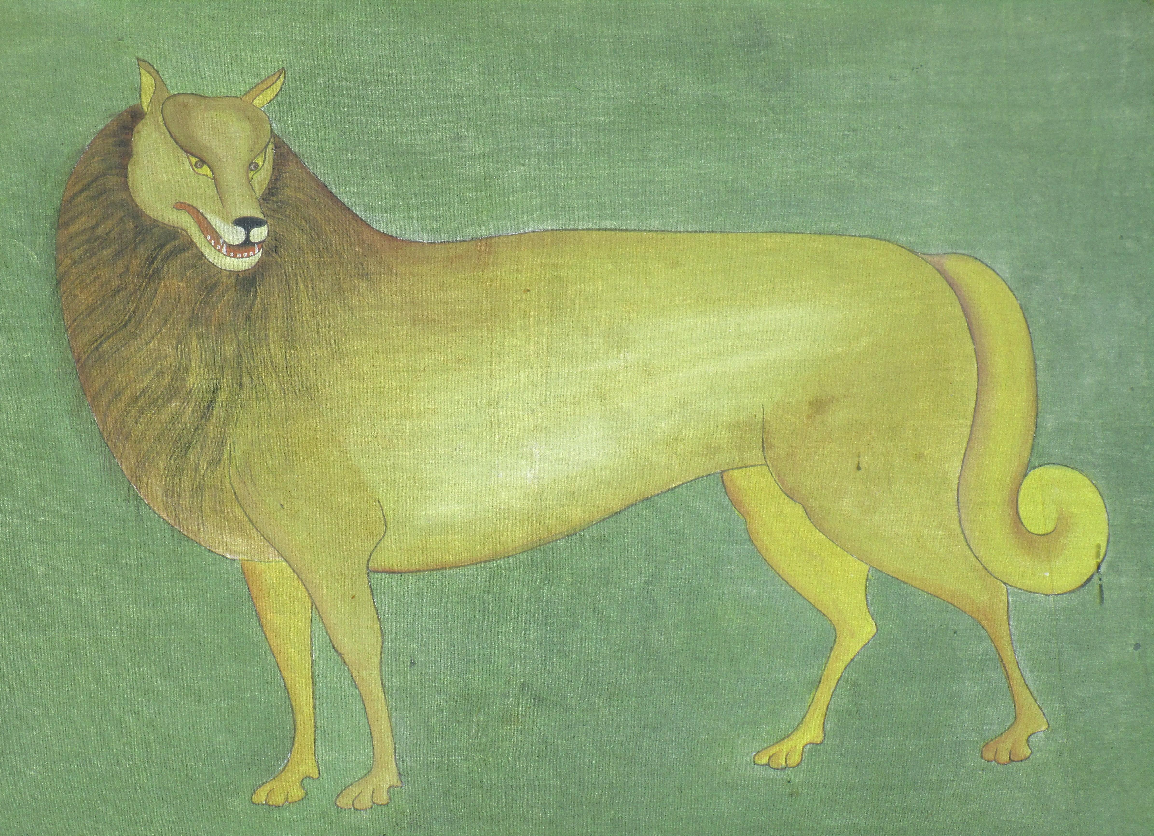 Indo Perisian painting on finely woven fabric ( appears to be silk ) of a fantastical lion. Set in old oak wood frame under glass. Beautiful stylized imagery. Northern India, circa 1900. Measures in frame 20