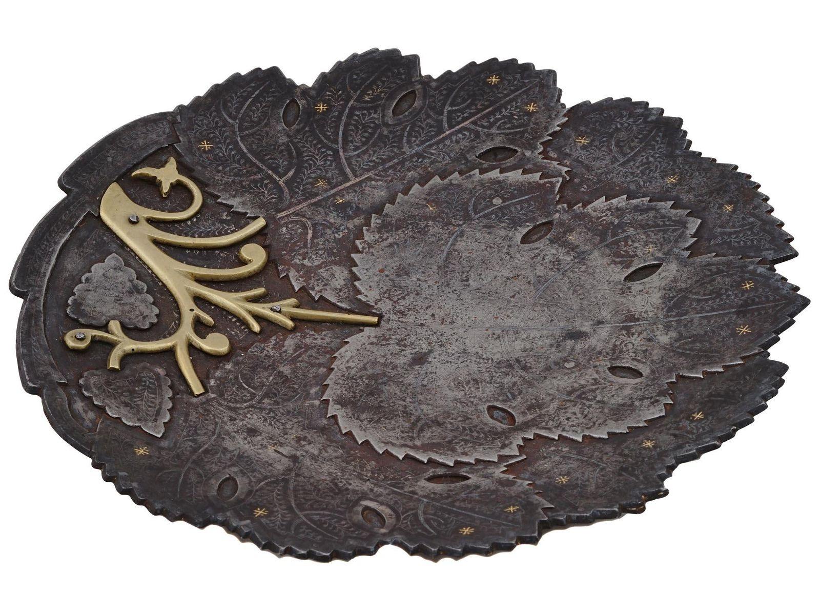 19th Century Indo-Persian Silver Inlaid and Parcel Gilt Steel and Brass Dish For Sale 1