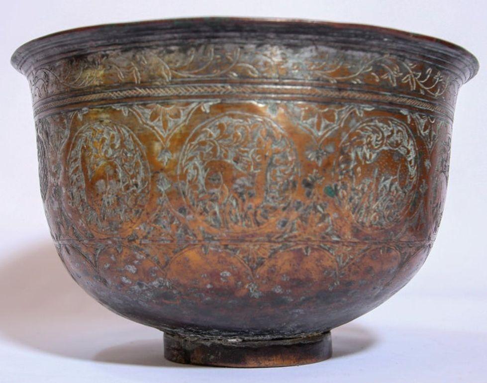 19th Century Indo Persian Qajar Tinned Copper Lidded Bowl 6
