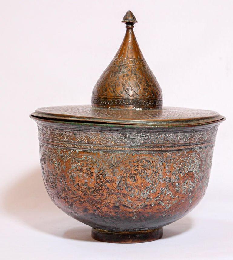 19th Century Indo Persian Qajar Tinned Copper Lidded Bowl 12