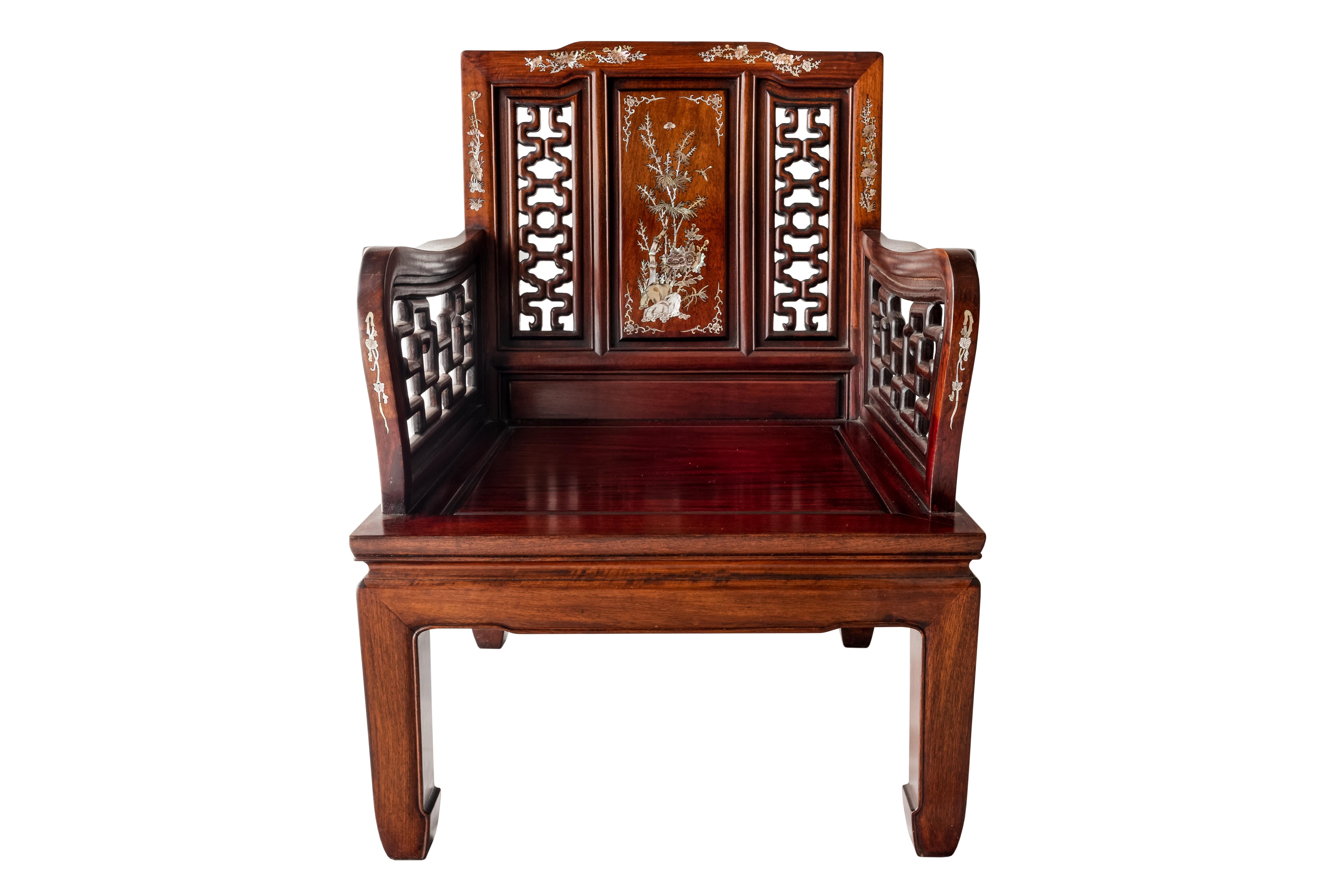 19th century Indo-Portuguese rosewood mother of pearl inlay lounge chairs, 1890

Set of two Indo-Portuguese rosewood and mother of pearl club chairs. Each chair is inlaid with intricate mother of pearl designs on the yoke, the back splat, the seat