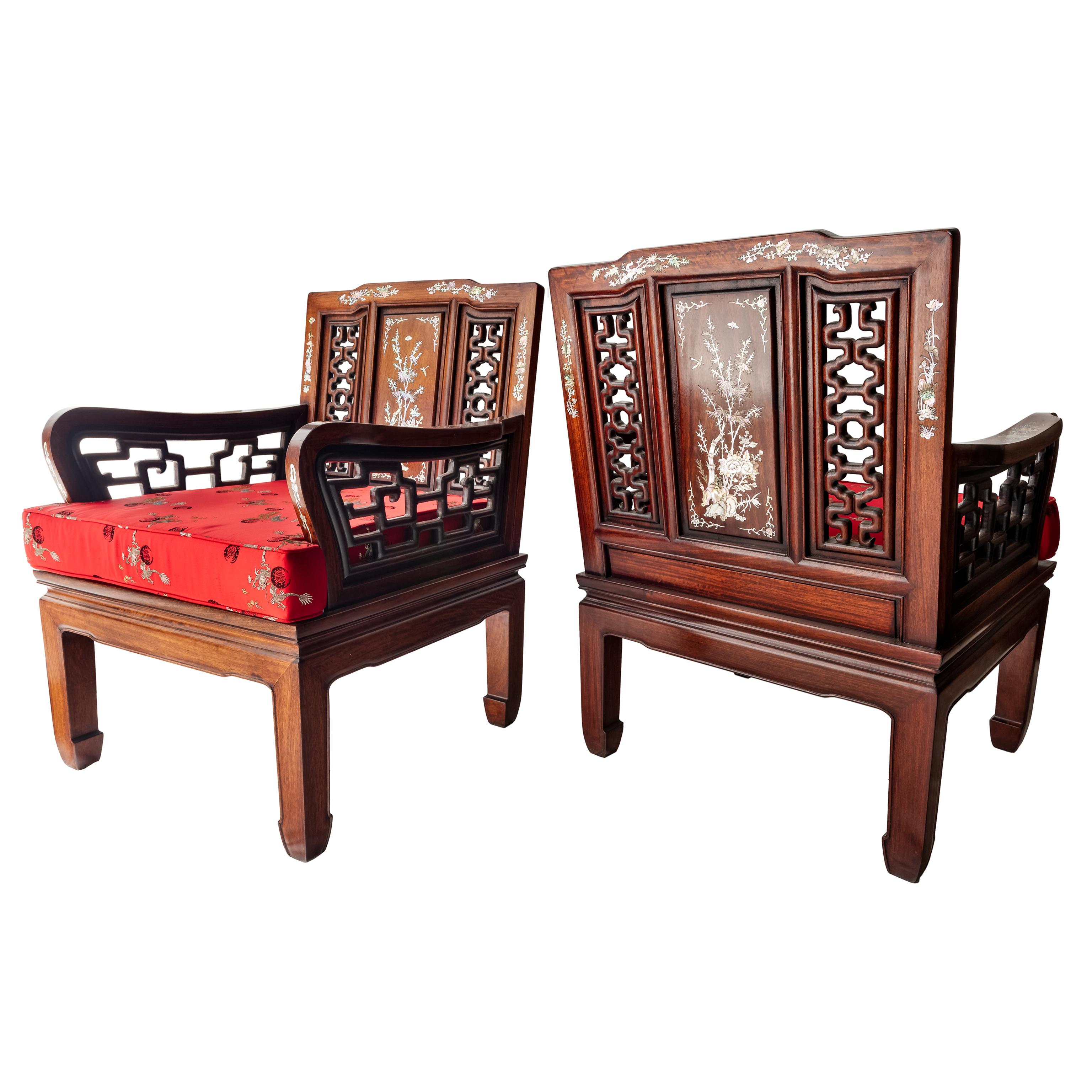 Qing 19th Century Indo-Portuguese Rosewood Mother of Pearl Inlay Lounge Chairs, 1890
