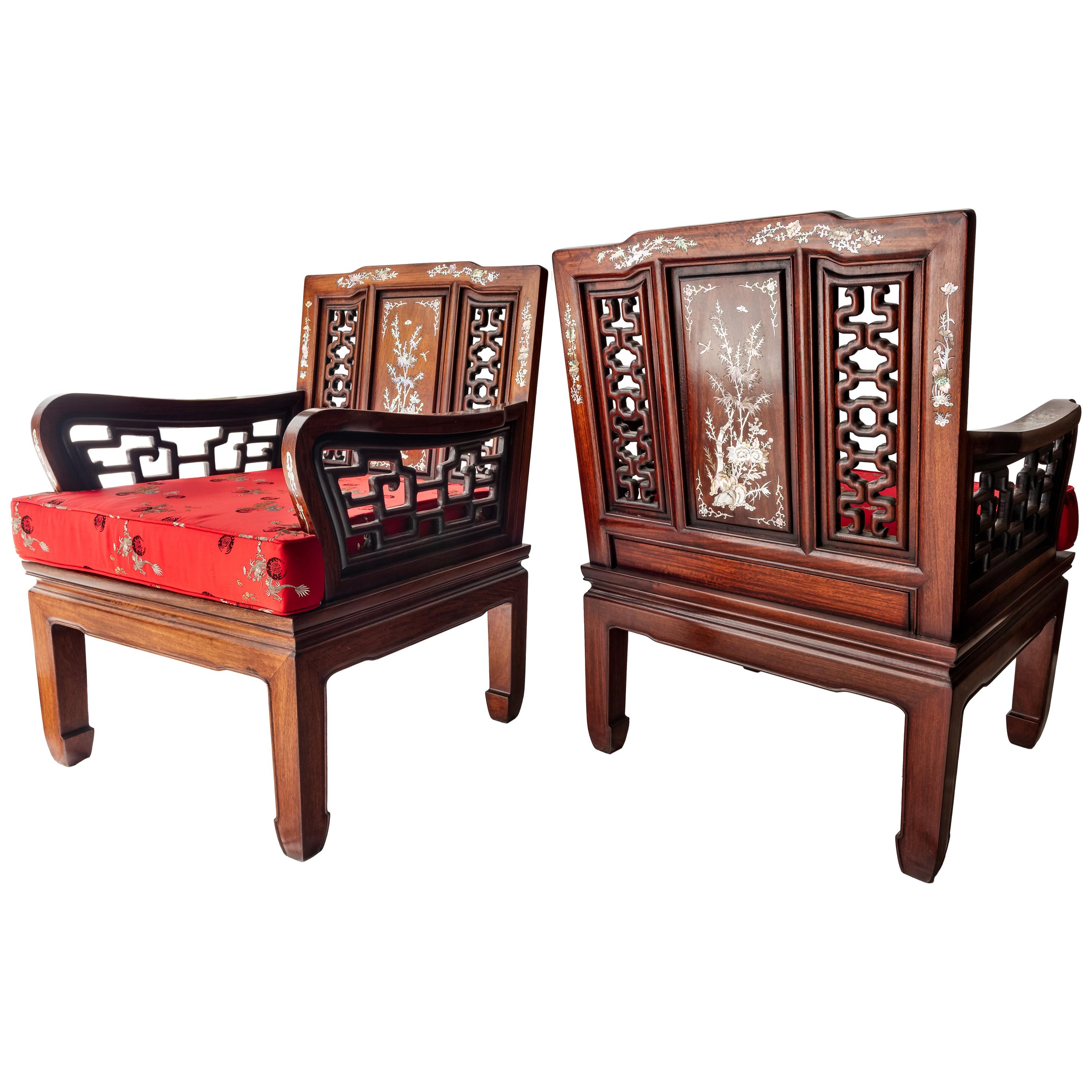 19th Century Indo-Portuguese Rosewood Mother of Pearl Inlay Lounge Chairs, 1890