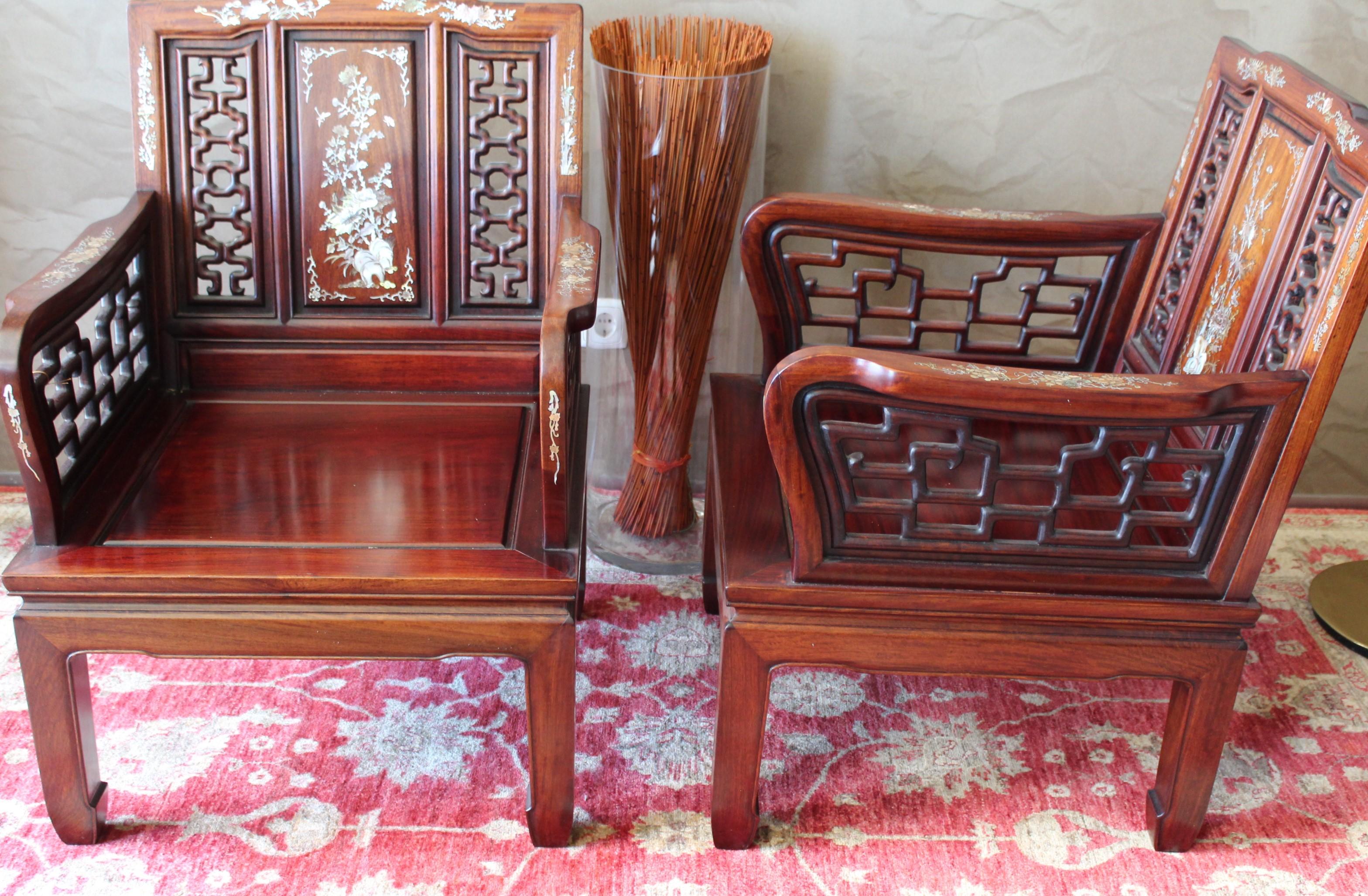 19th Century Indo-Portuguese Rosewood Mother of Pearl Inlay Lounge Chairs, 1890 3