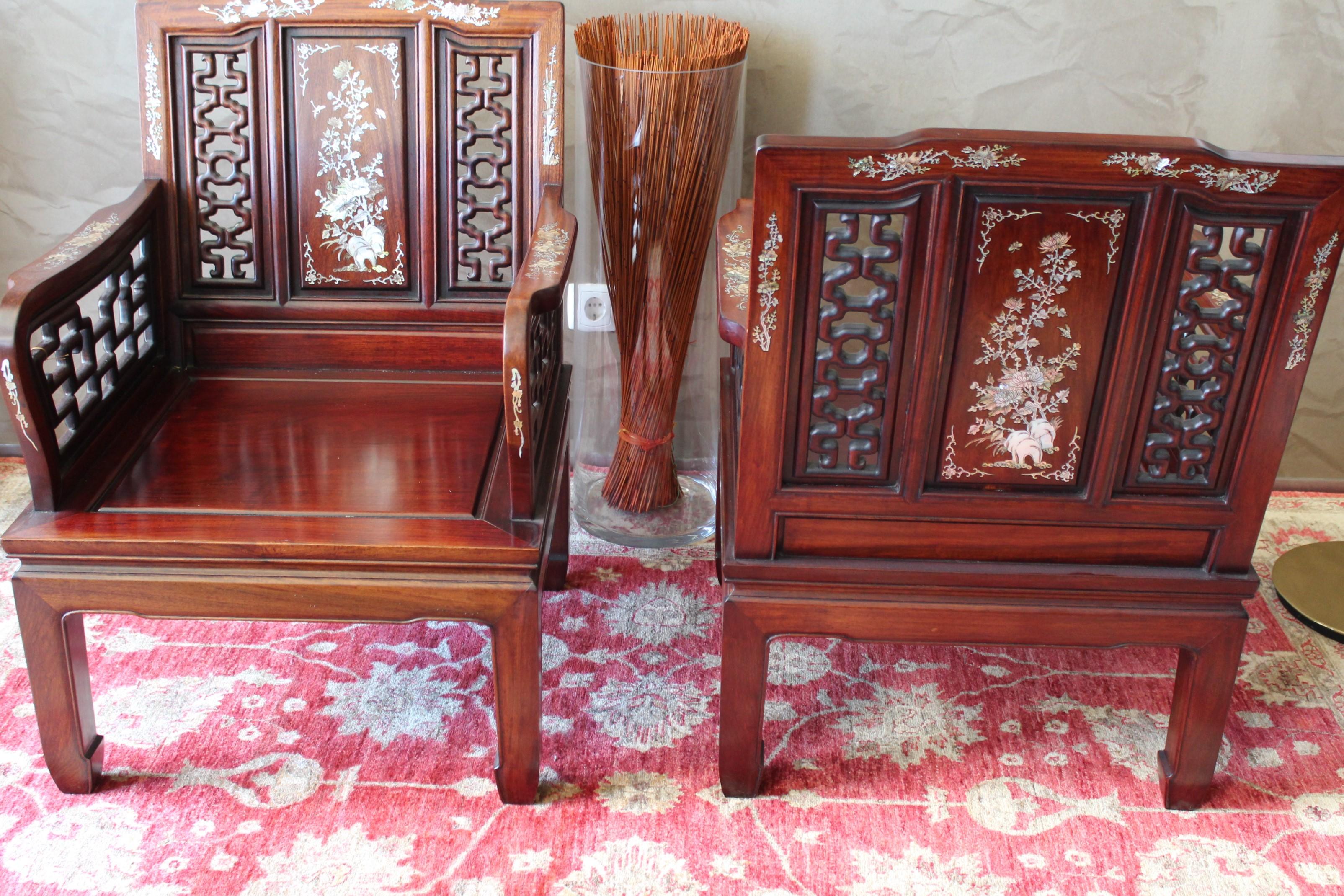 19th Century Indo-Portuguese Rosewood Mother of Pearl Inlay Lounge Chairs, 1890 4