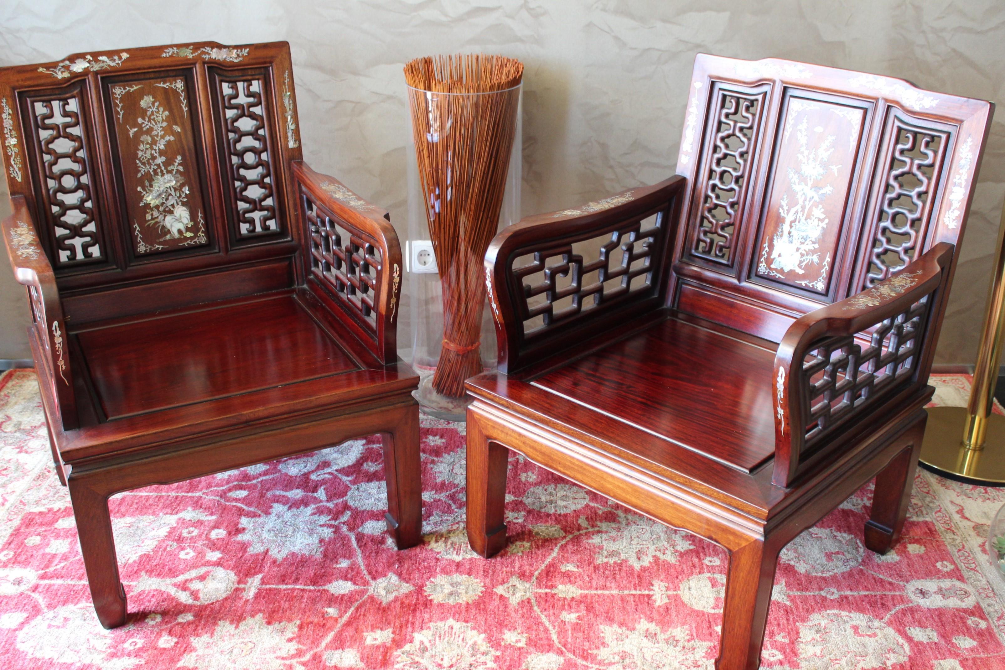 19th Century Indo-Portuguese Rosewood Mother of Pearl Inlay Lounge Chairs, 1890 4