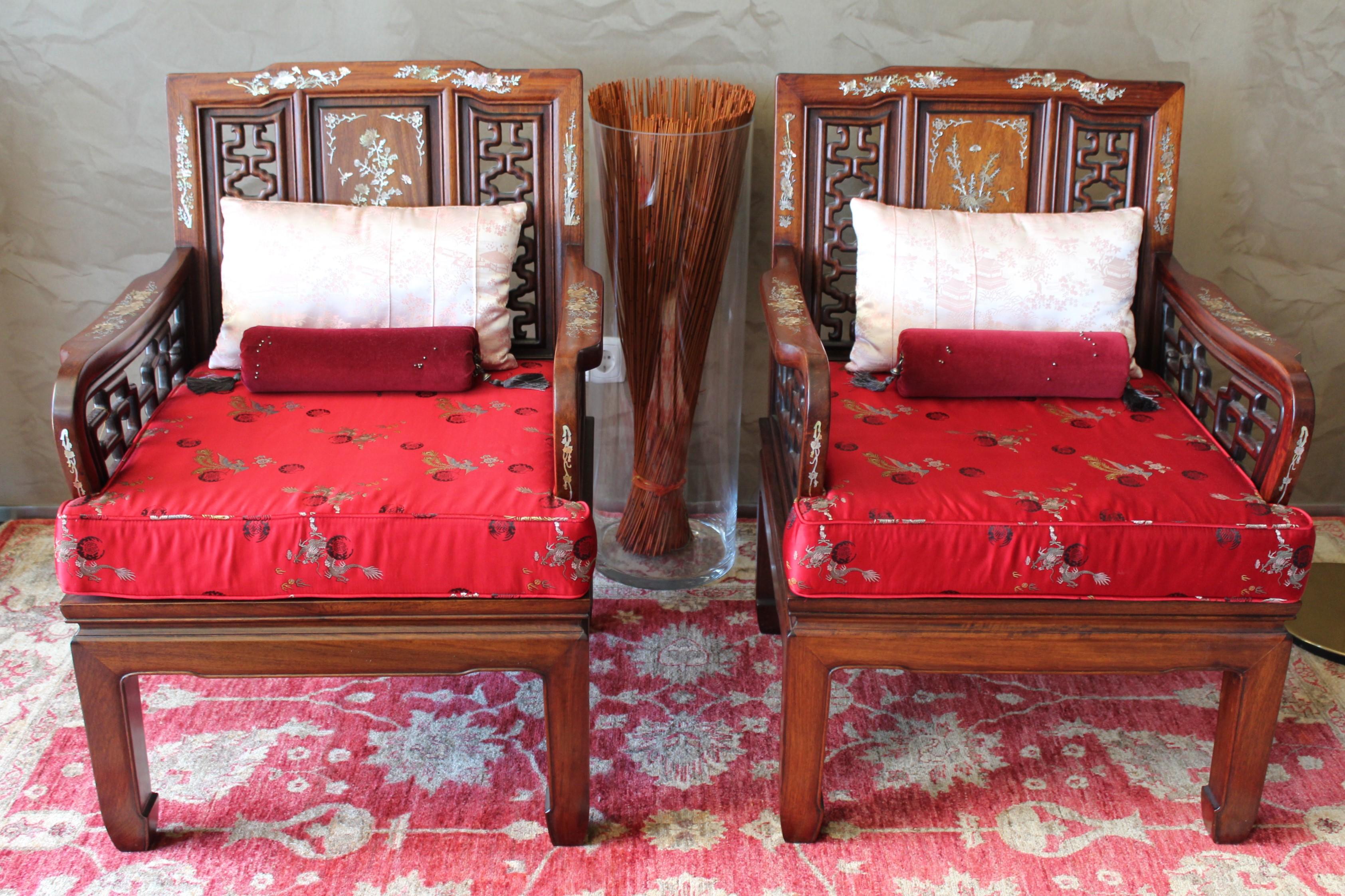 19th Century Indo-Portuguese Rosewood Mother of Pearl Inlay Lounge Chairs, 1890 (Perlmutt)